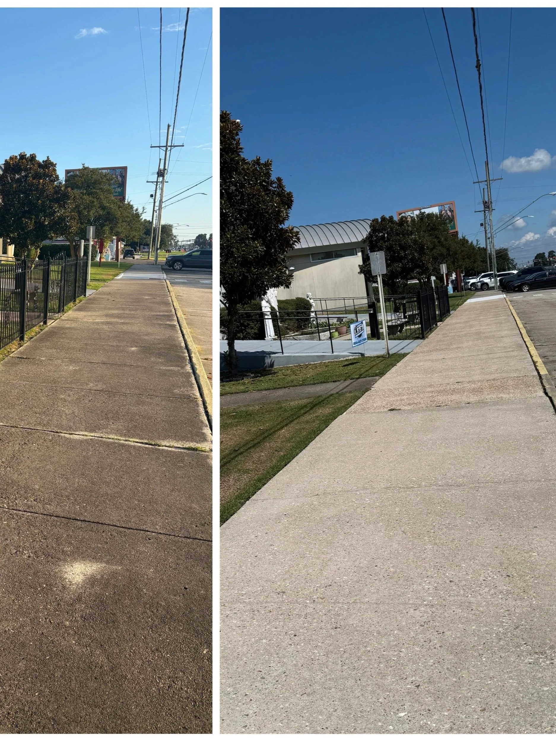 A side-by-side before and after comparison of a commercial sidewalk, showcasing the removal of years of dark mold, algae, and grime using a professional pressure washing surface cleaner.