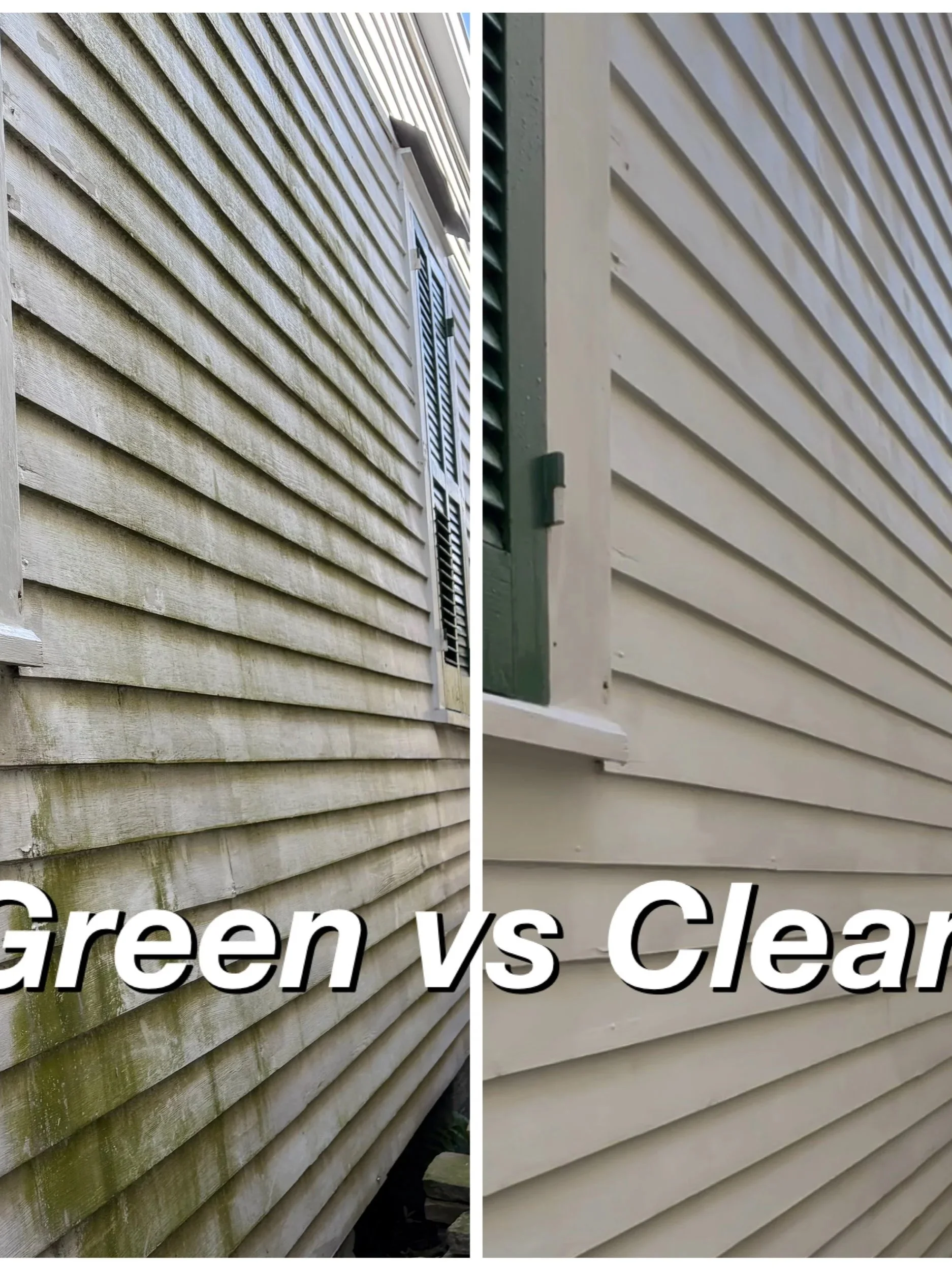 Side-by-side comparison of a house's exterior siding before and after cleaning. The left side shows dirty, green-stained, and moss-covered siding, while the right side displays clean, white, and moss-free siding. Text overlay says 'Green vs Clean'.