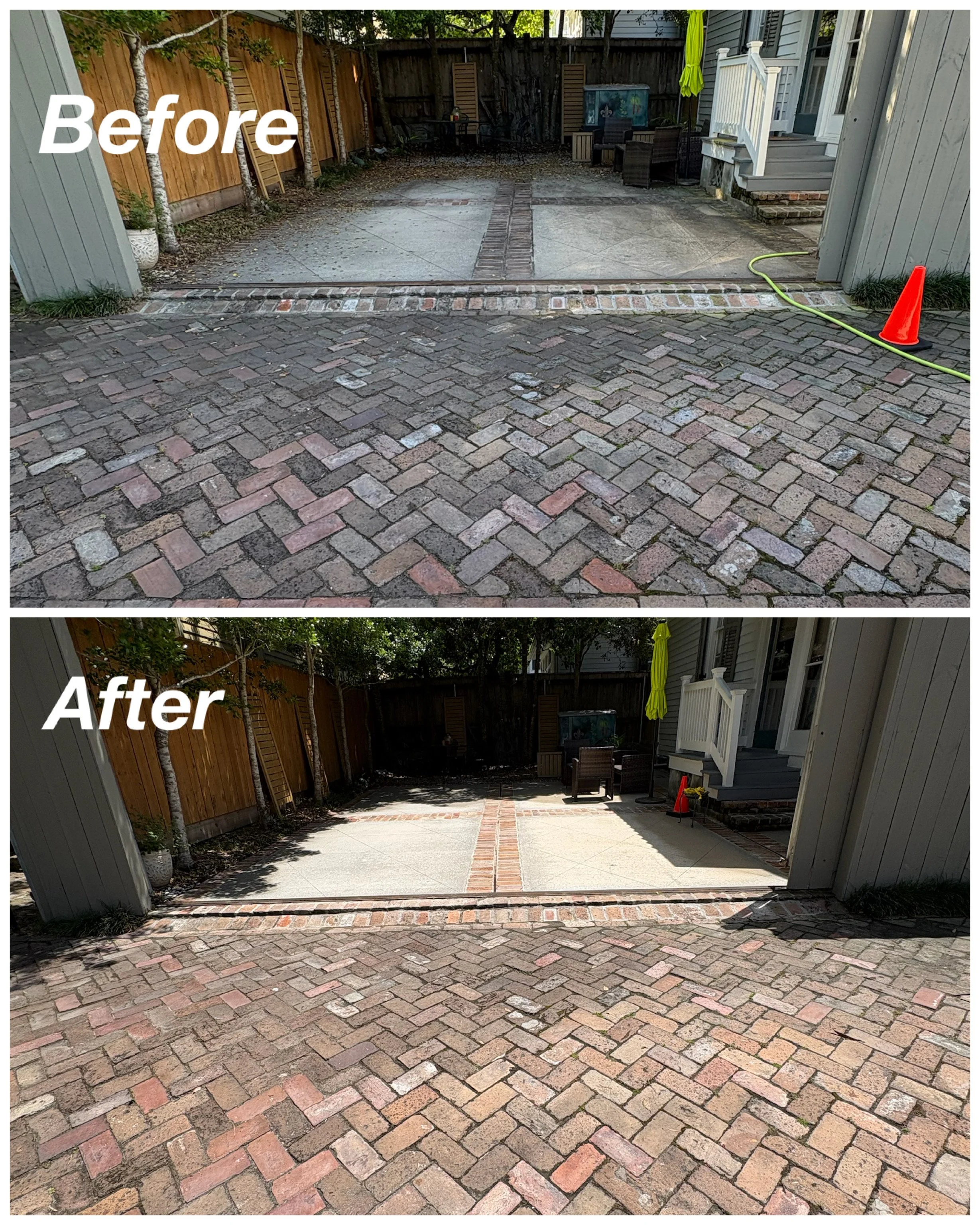 A before and after comparison of a backyard patio with red brick pavers, showing a cleaned concrete patio with brick inlays. The before image shows the area with dirt, leaves, and uneven surfaces, while the after image shows a tidy, smooth concrete s