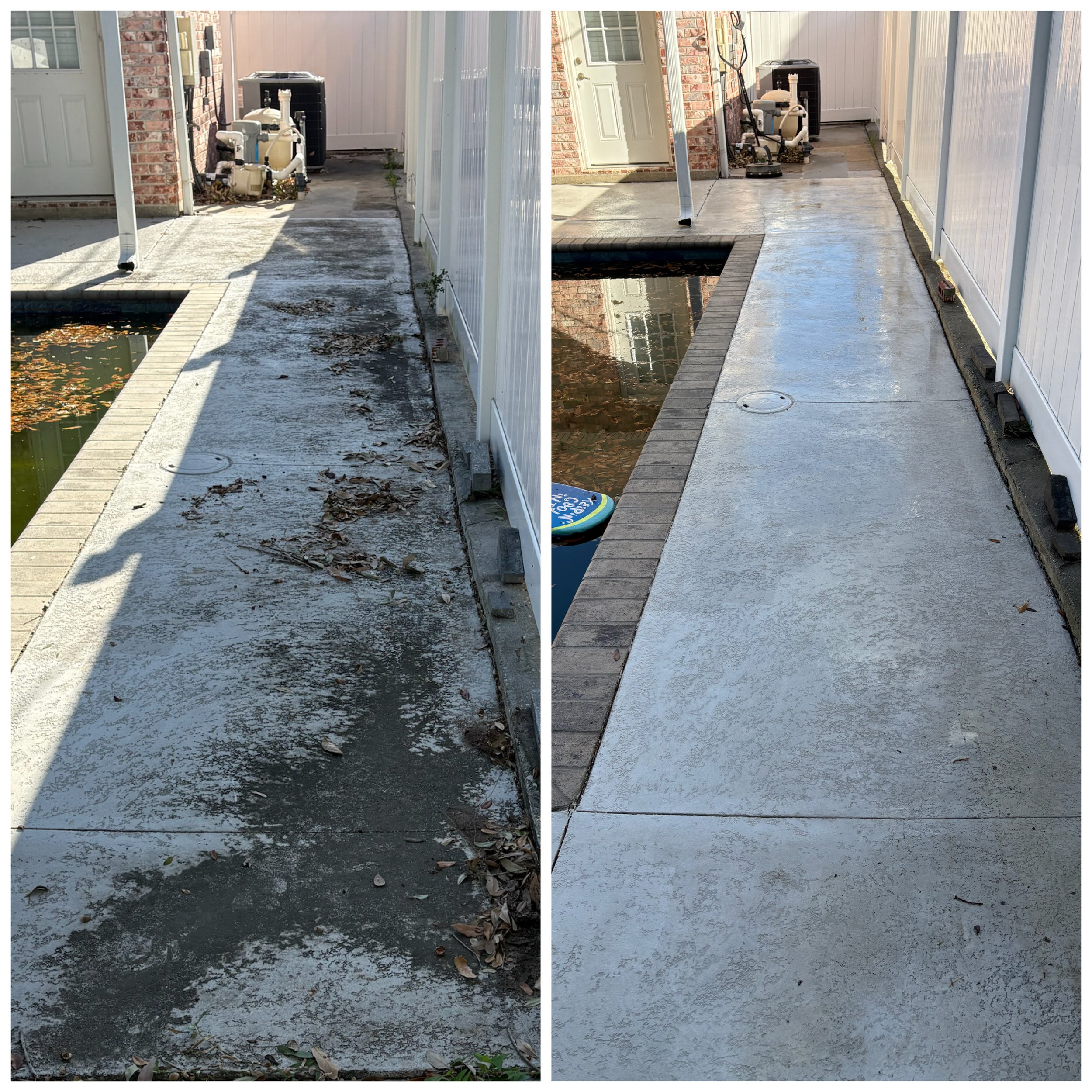 Side-by-side comparison of a concrete walkway before and after cleaning and sealing. The left shows a dirty, stained surface with debris, leaves, and dirt. The right shows a clean, sealed, and brightened surface, with visible brick border along the p
