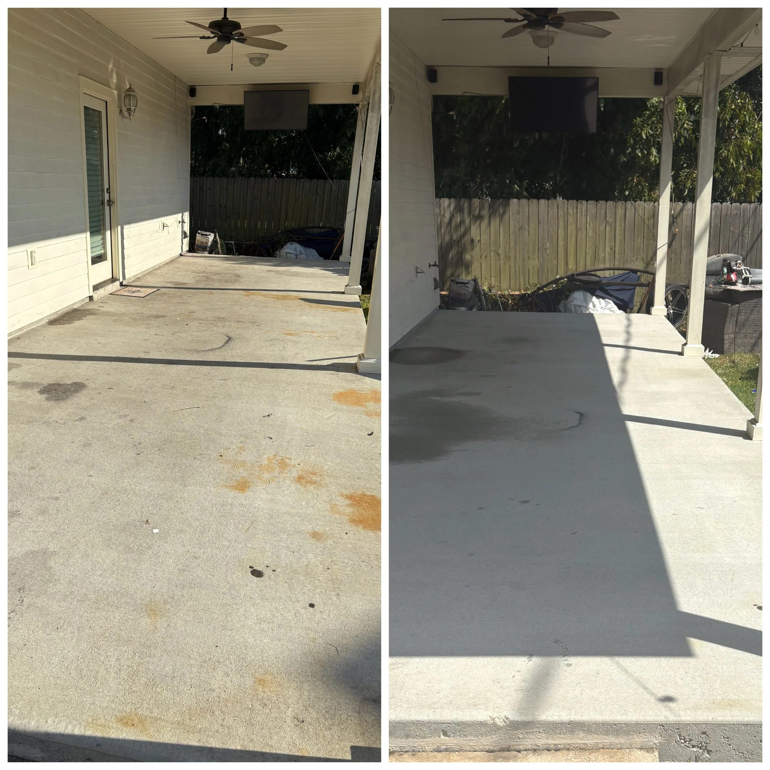 A side-by-side before and after photo of a concrete back patio in Chalmette, LA showcasing the removal of mold, grime, and orange staining after using a professional surface cleaner and specialized solutions.