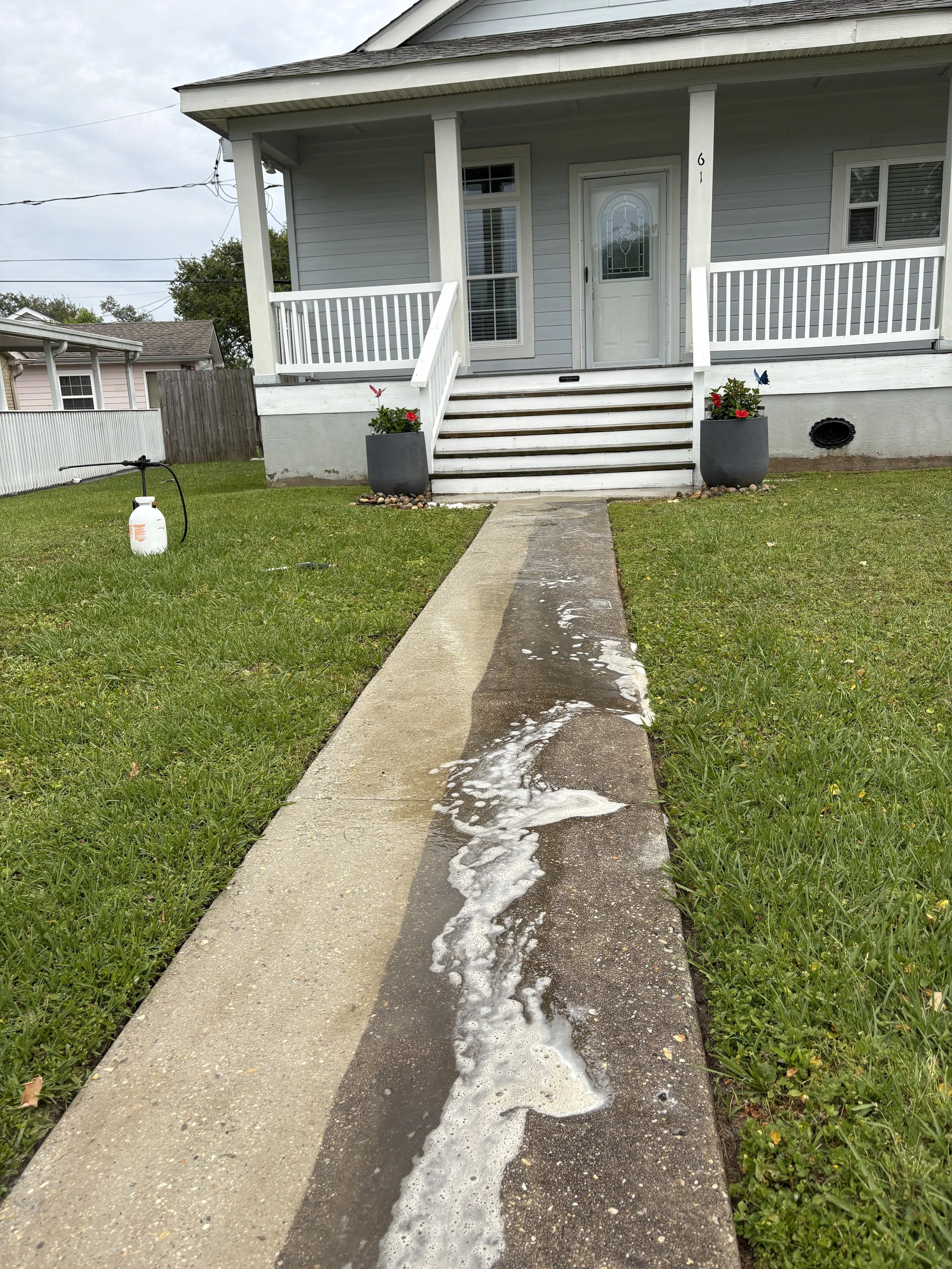 A contrast photo of a sidewalk in Chalmette, LA showing one side of the sidewalk after using a professional surface cleaner to remove black mold and grime versus the other side of the sidewalk remaining black.