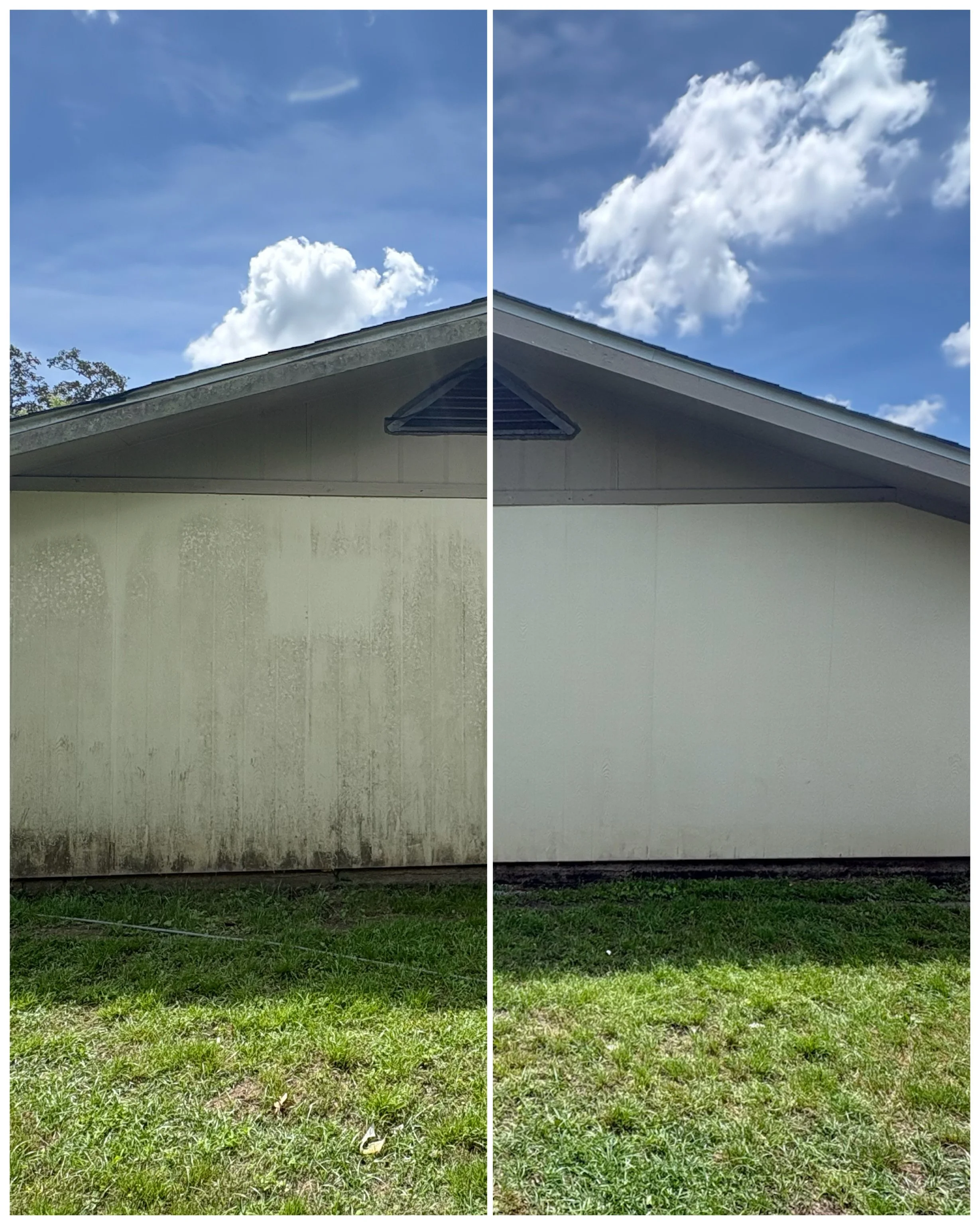 Side-by-side comparison of two images of a house's roof and wall, with the left image showing a dirty, stained wall and the right image showing a clean, white wall; both images feature a blue sky with clouds and grassy ground below.