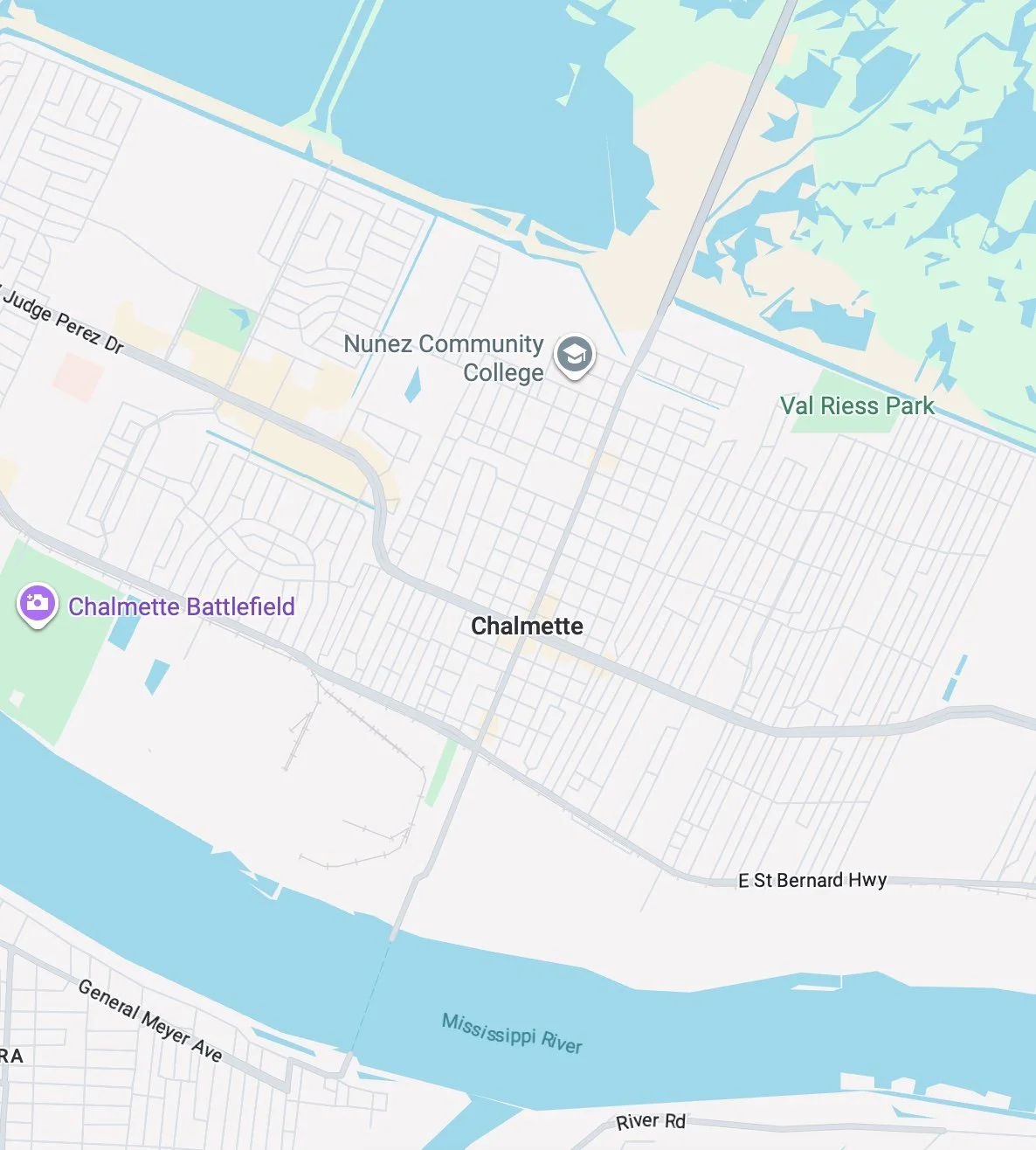 Map of Chalmette showing Nunez Community College, Val Riess Park, Chalmette Battlefield, and Mississippi River