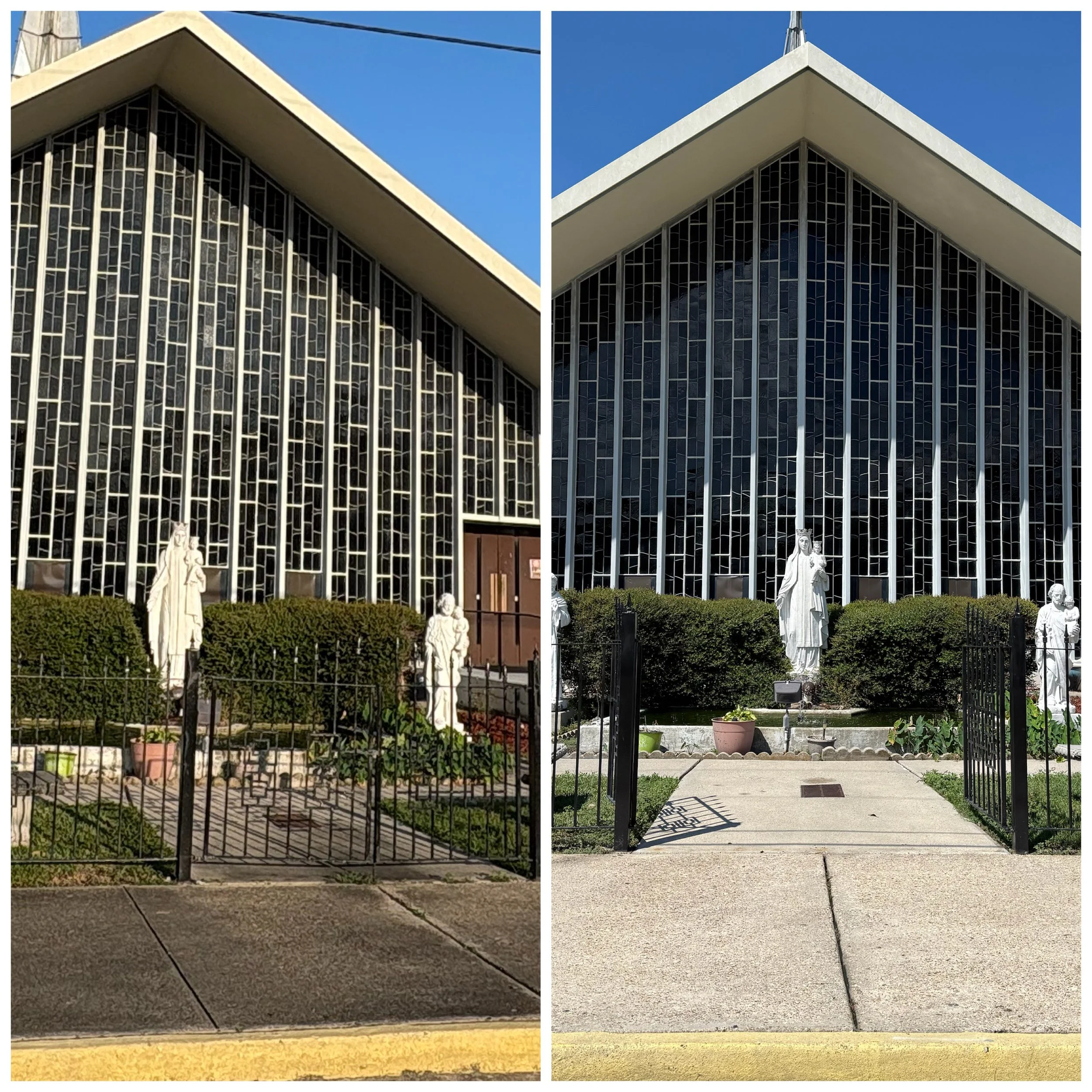 A side-by-side before and after photo of a church exterior cleaning service in Chalmette, LA, displaying the professional restoration of a concrete entrance, walkways, and landscaping features.
