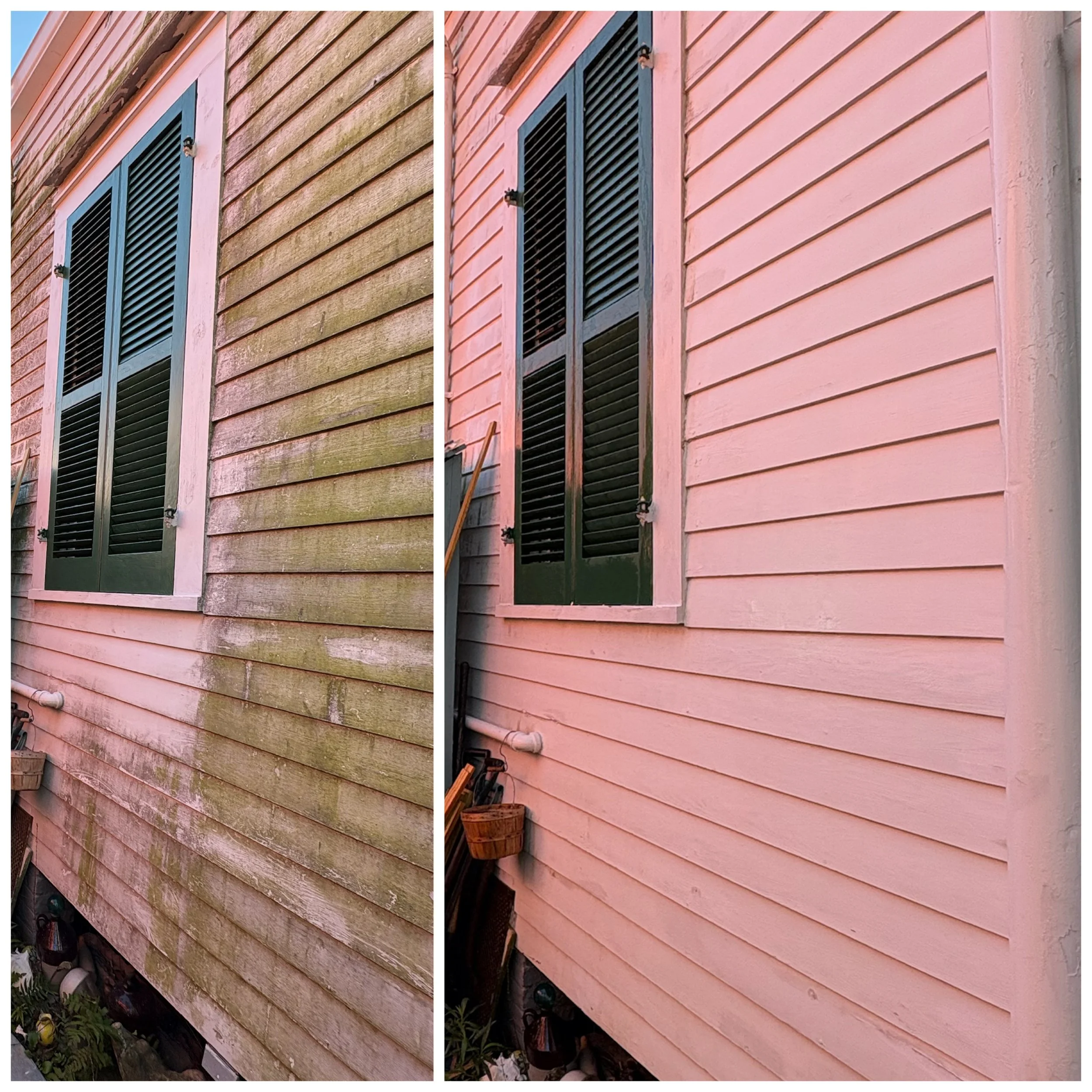 Comparison of the exterior wall of a house: the left side shows weathered, mossy, and stained pink siding with visible dirt and damage; the right side shows  clean and bright pink siding.