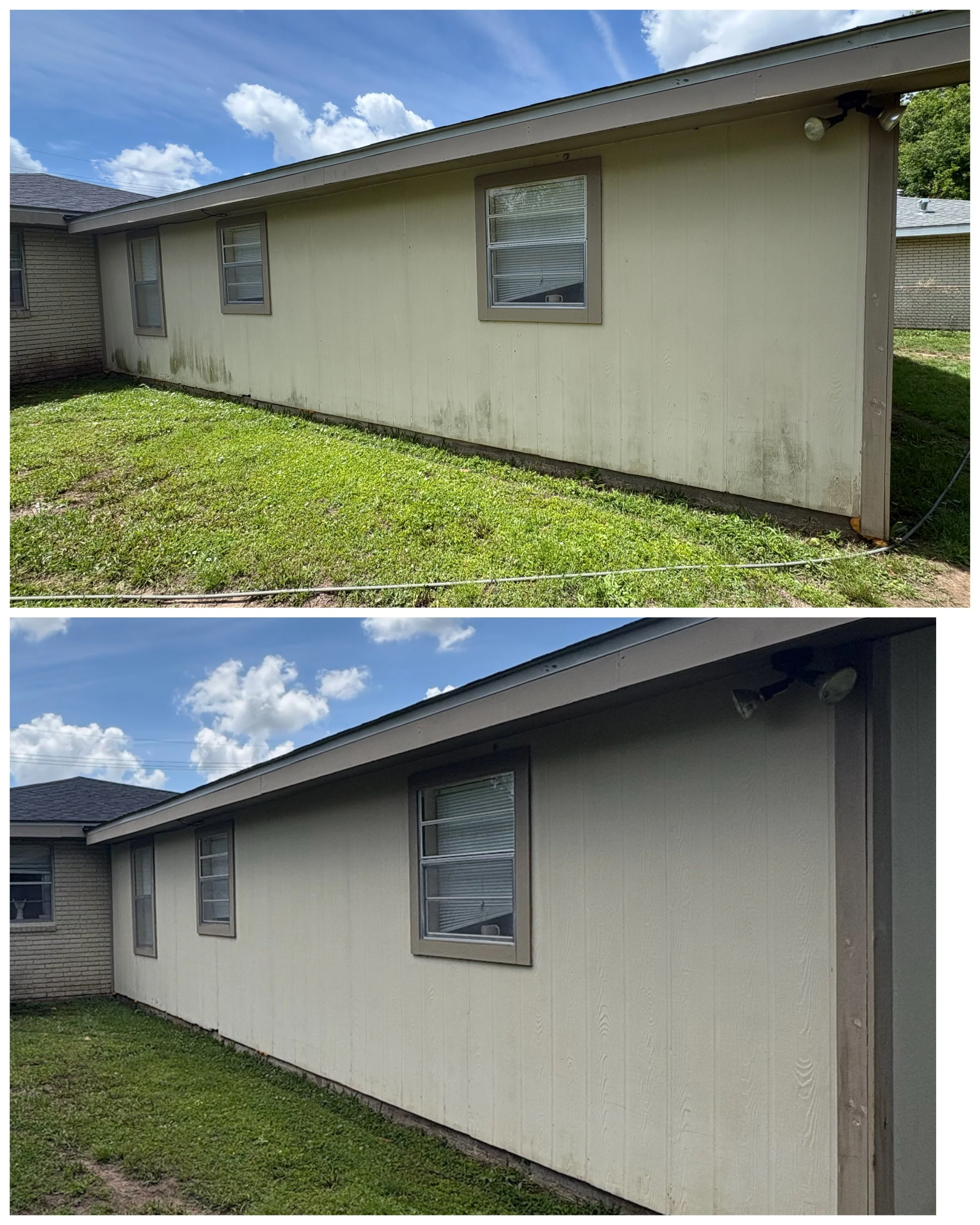 Before and after soft washing comparison of a beige house wall with three windows, the top view shows dirt and green stains at the bottom, the bottom view shows a freshly cleaned side of the house with no more dirt or green stains.