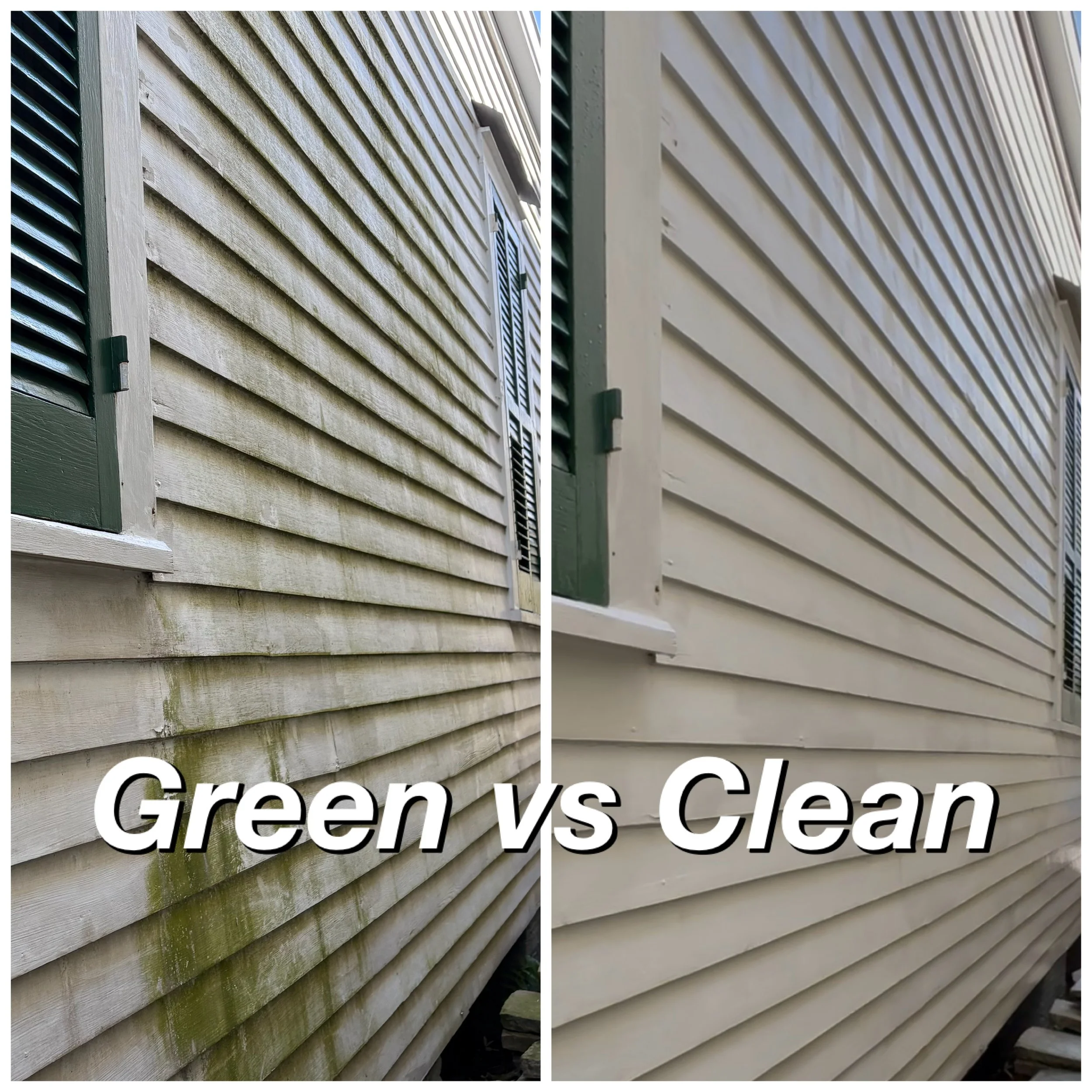 Side-by-side comparison of a house's exterior siding before and after cleaning. The left side shows dirty, green-stained, and moss-covered siding, while the right side displays clean, white, and moss-free siding. Text overlay says 'Green vs Clean'.