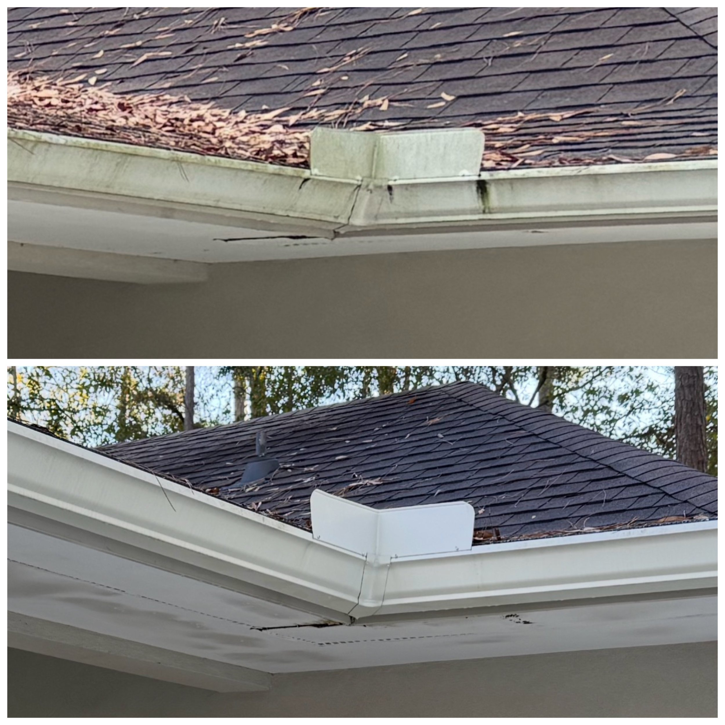 Comparison of roof gutter and soffit before and after cleaning at house eaves, showing dirt, leaves, and debris