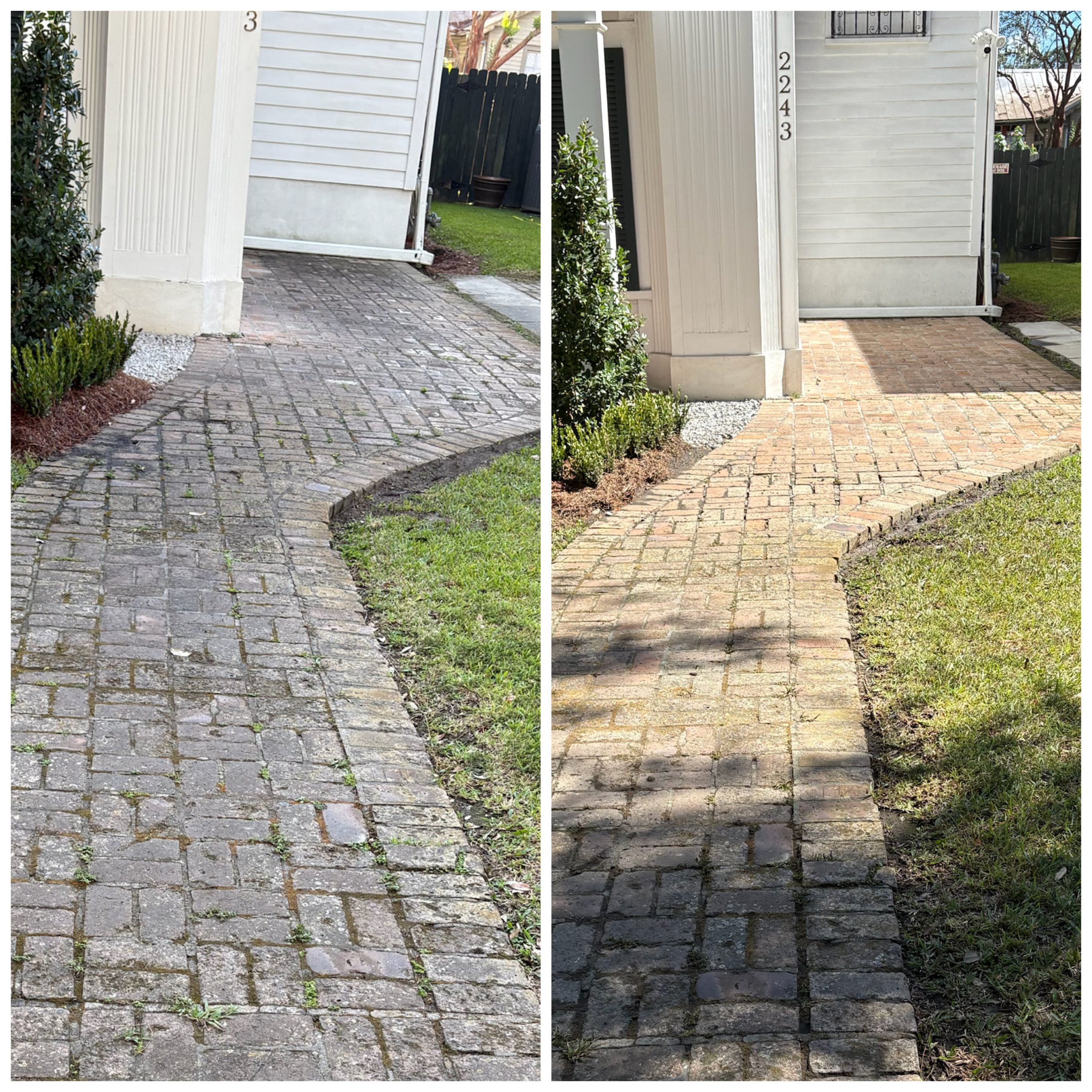 A before and after photo of a brick entryway in Uptown New Orleans, LA showcasing a brighter, cleaner walkway after soft washing the old brick using specialized cleaning solutions.