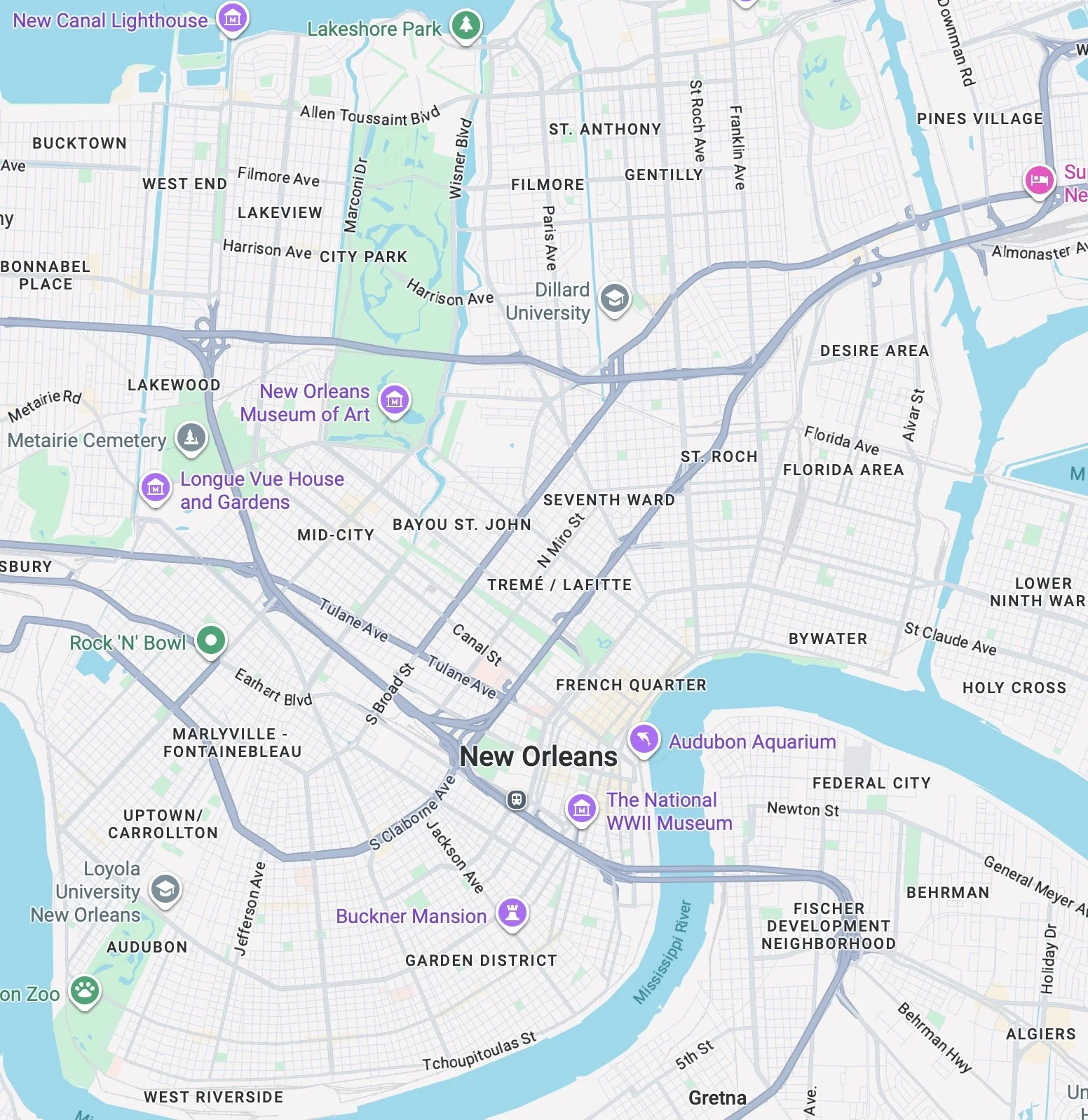 A local service area map showing our pressure washing and exterior cleaning coverage throughout the city of New Orleans, LA.