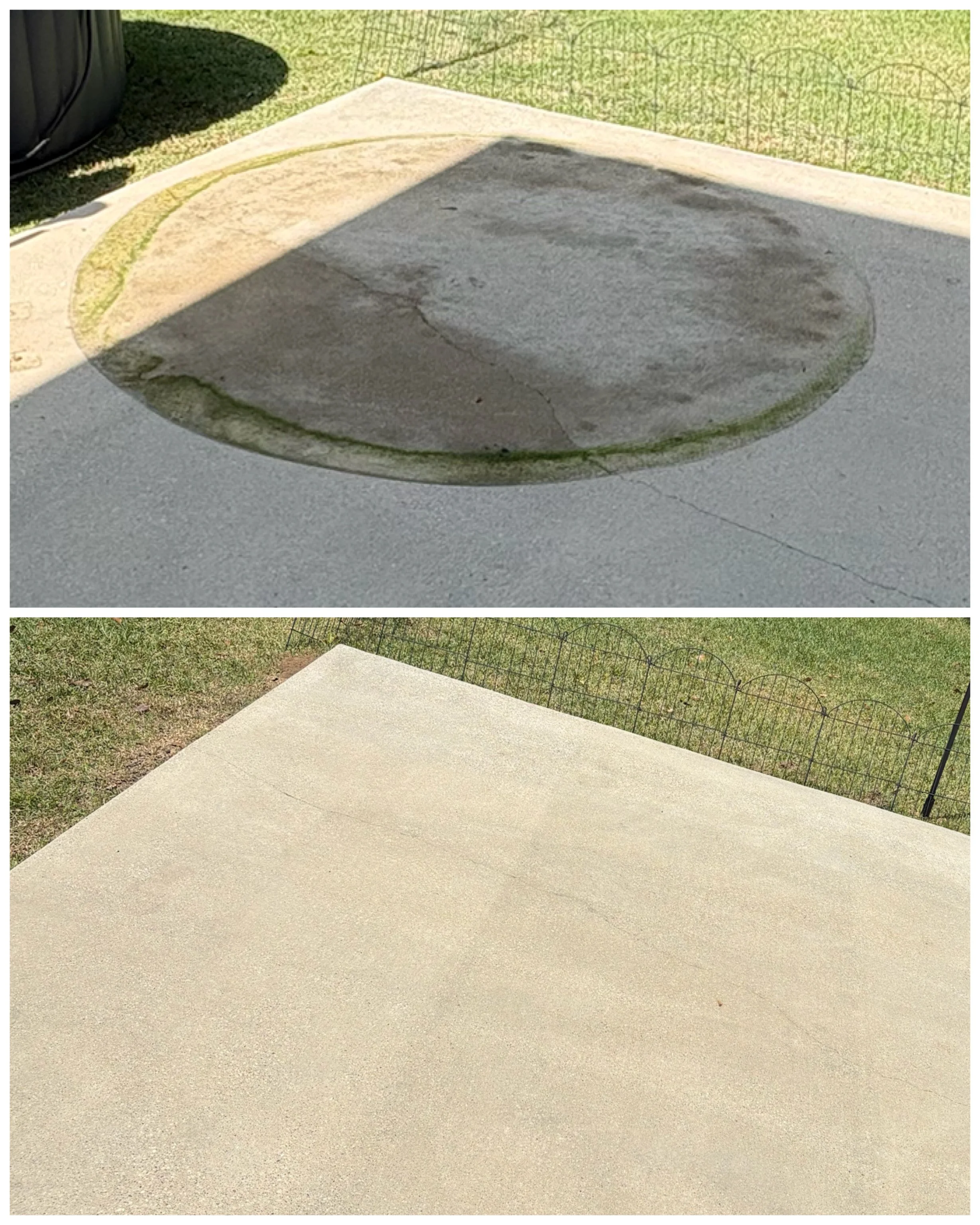 Side-by-side images of a concrete patio, the top showing a stained and algea/green section, the bottom showing a clean section.