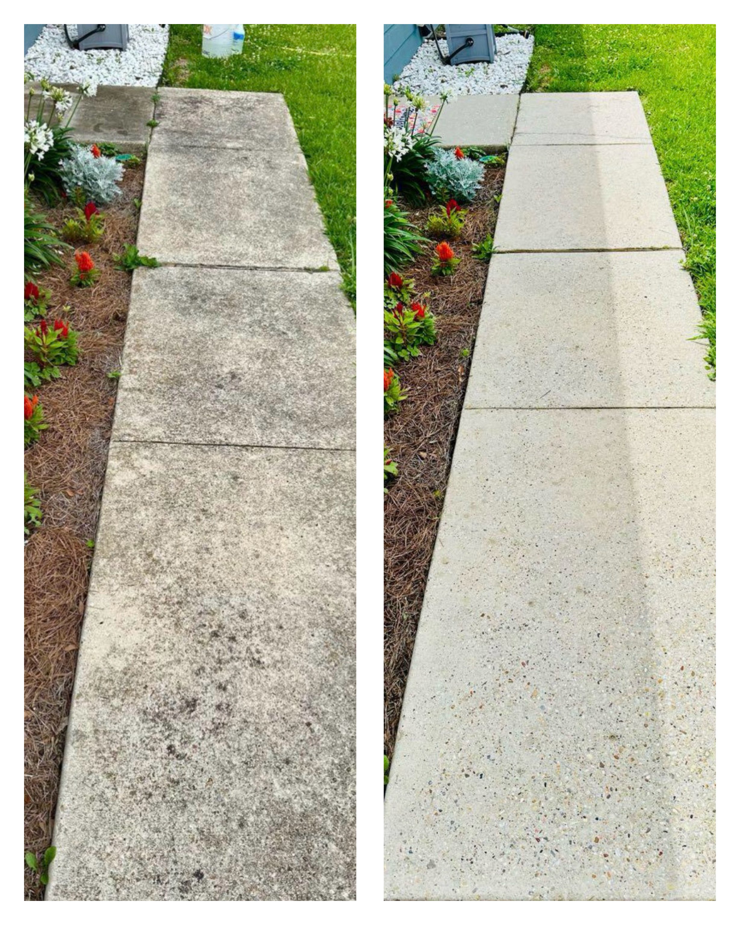 Two side-by-side images showing a concrete sidewalk beside a garden bed with flowers and grass, with the sidewalk on the left appearing worn and dirty, and on the right appearing bright and clean.