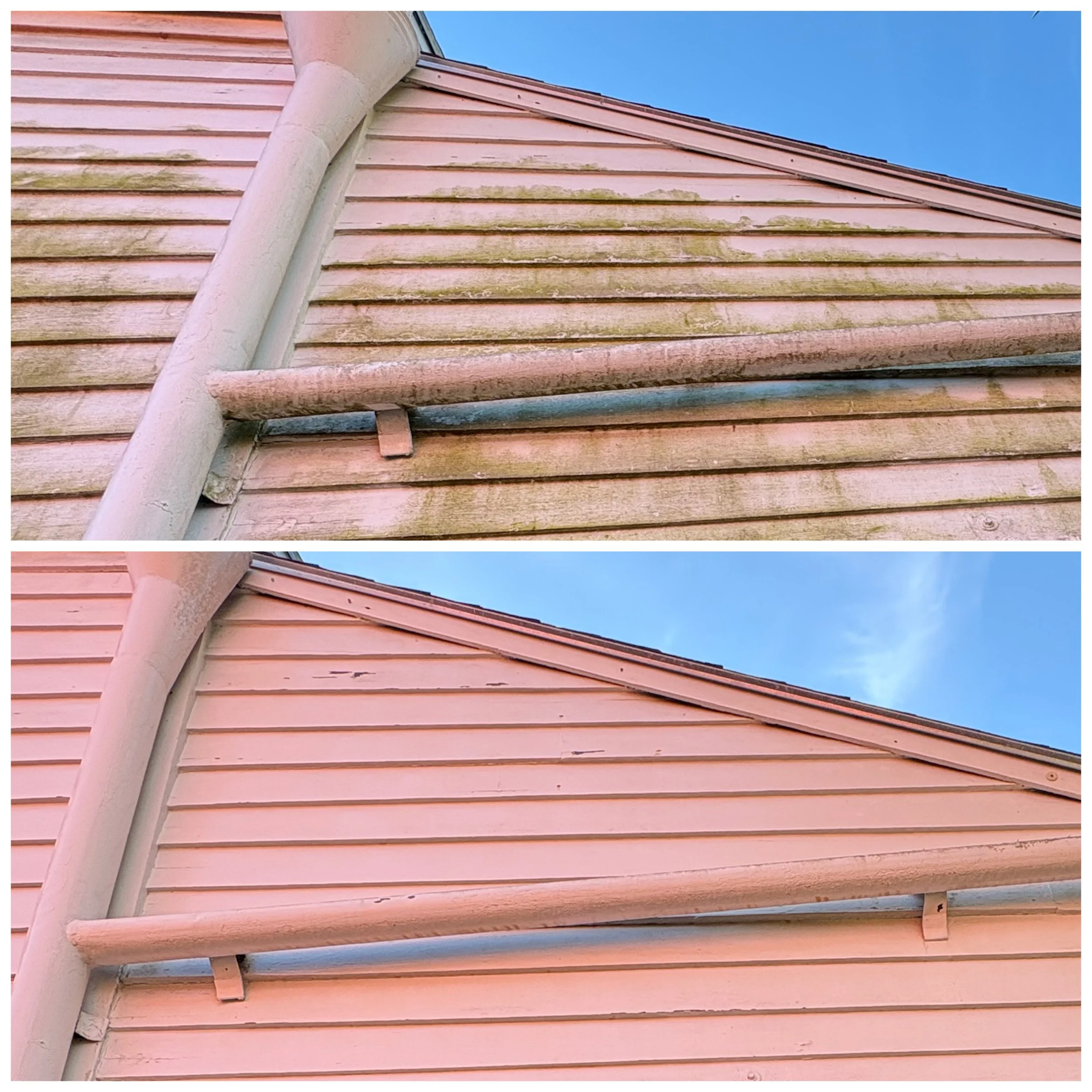 Comparison of a house's exterior wall before and after cleaning, showing removal of dirt and grime from the pink horizontal siding and white trim, with a clear blue sky in the background.