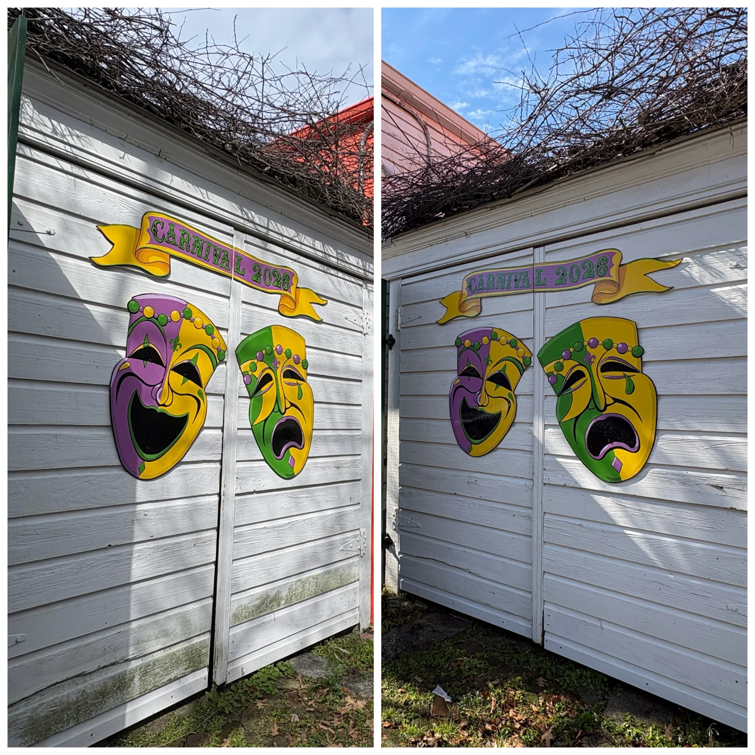 Colorful Mardi Gras masks and a banner that says "Carnival 2026" are attached to a white wooden fence outside with green algae build-up on one side. The images show one side clean and the other side dirty but the decorations are consistent.