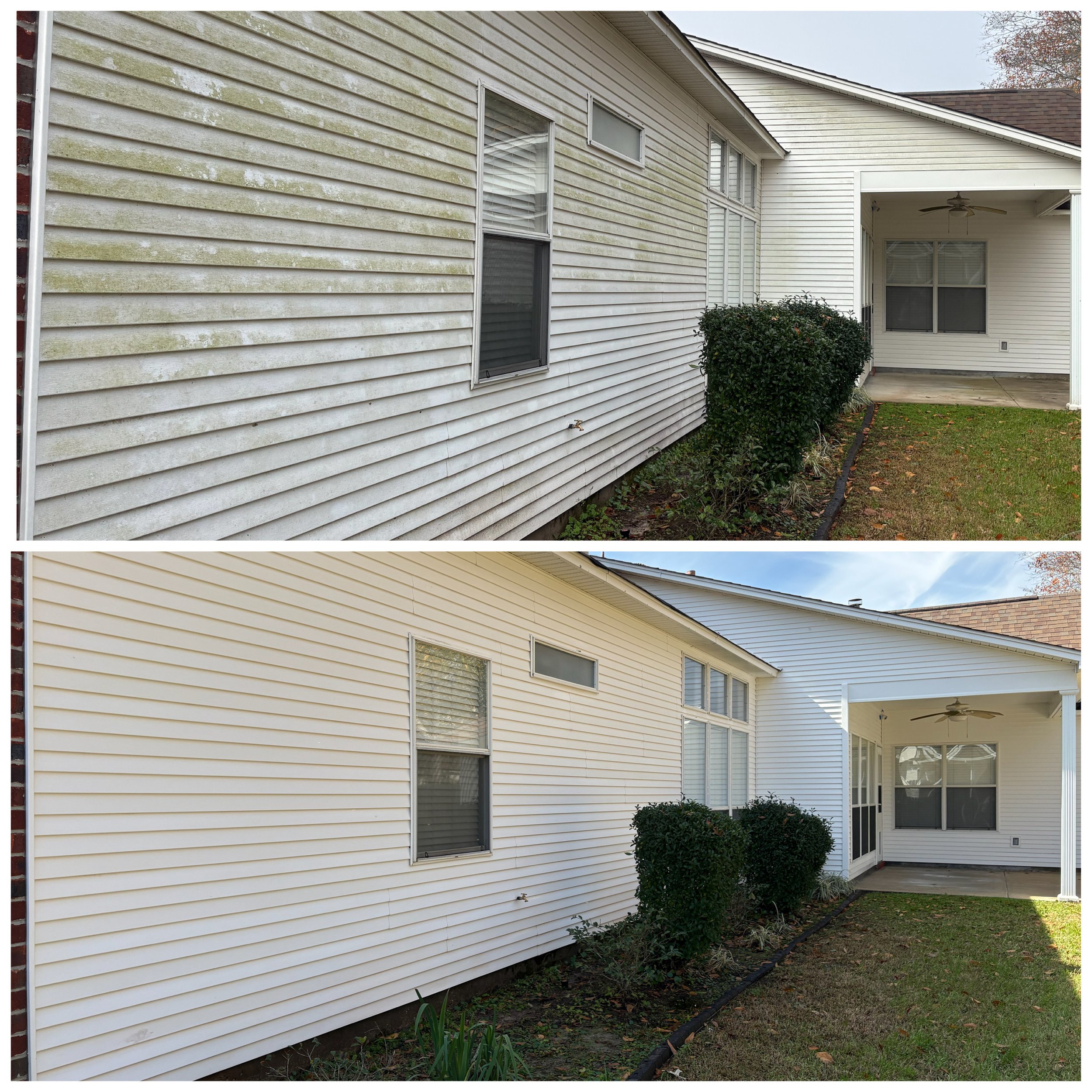 Side-by-side comparison of house siding before and after cleaning, showing removal of dirt and mildew from white vinyl siding.