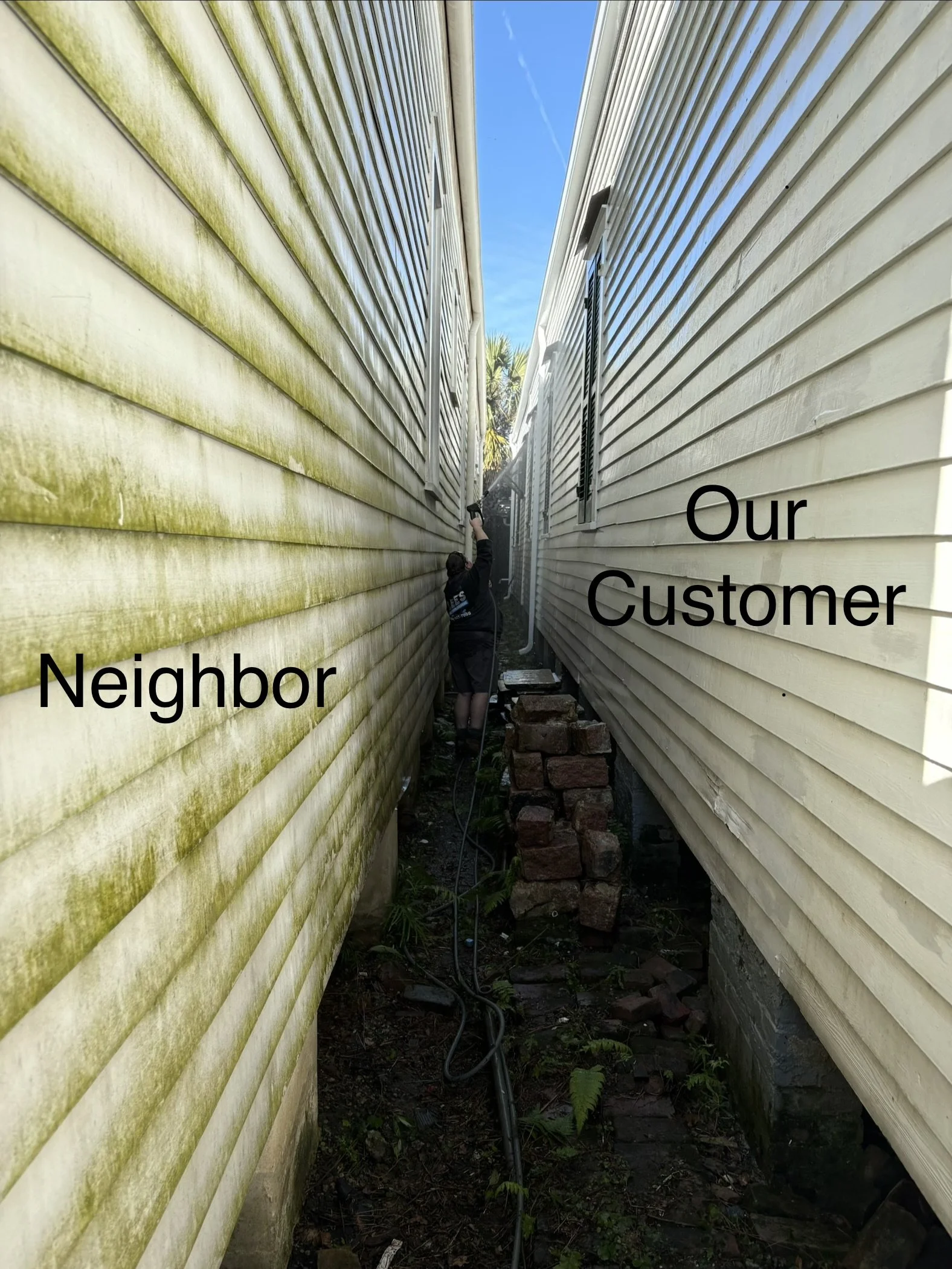 A person working between two houses with siding exteriors, using a power tool, with a stack of bricks and some piping on the ground. The sky is blue with some clouds. The image has text overlay: "Our Customer" on the right side and "Neighbor" on the 
