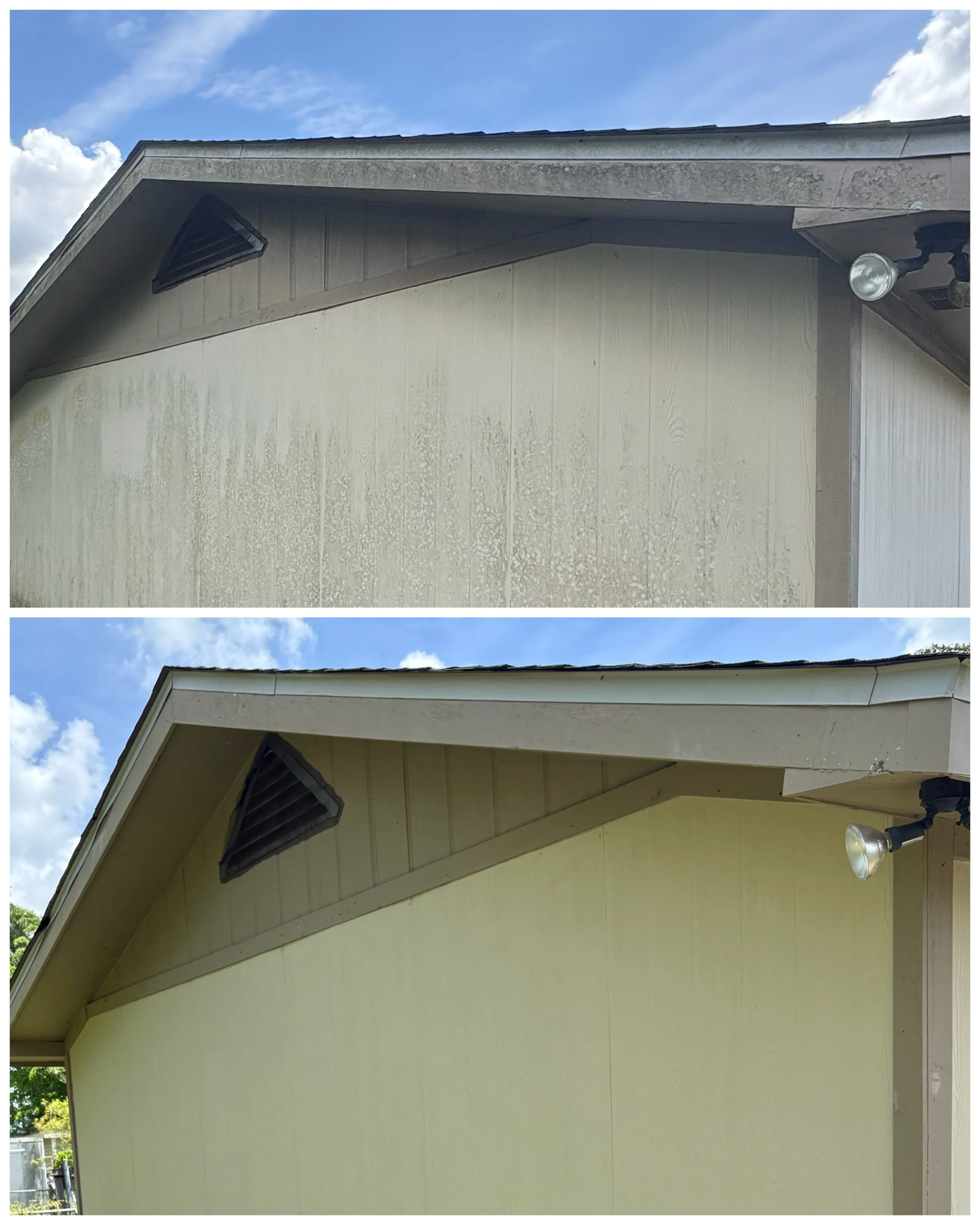 Side view of a house's exterior corner showing an angled roof, a wall with horizontal siding, a vent, and a security light, under a partly cloudy sky. Top picture shows dirty siding and trim and the bottom picture shows clean siding and trim.