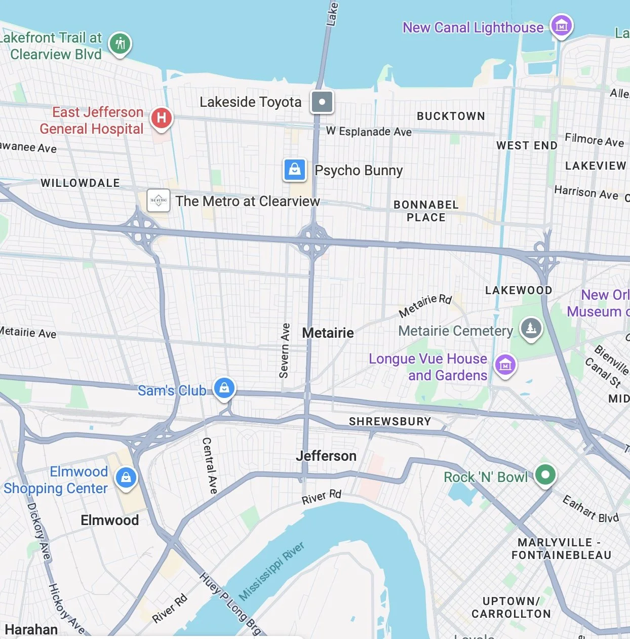 Map of the Lakeview and nearby neighborhoods in New Orleans, Louisiana, showing streets, landmarks, and points of interest, including East Jefferson General Hospital, Longue Vue House and Gardens, and the Mississippi River.