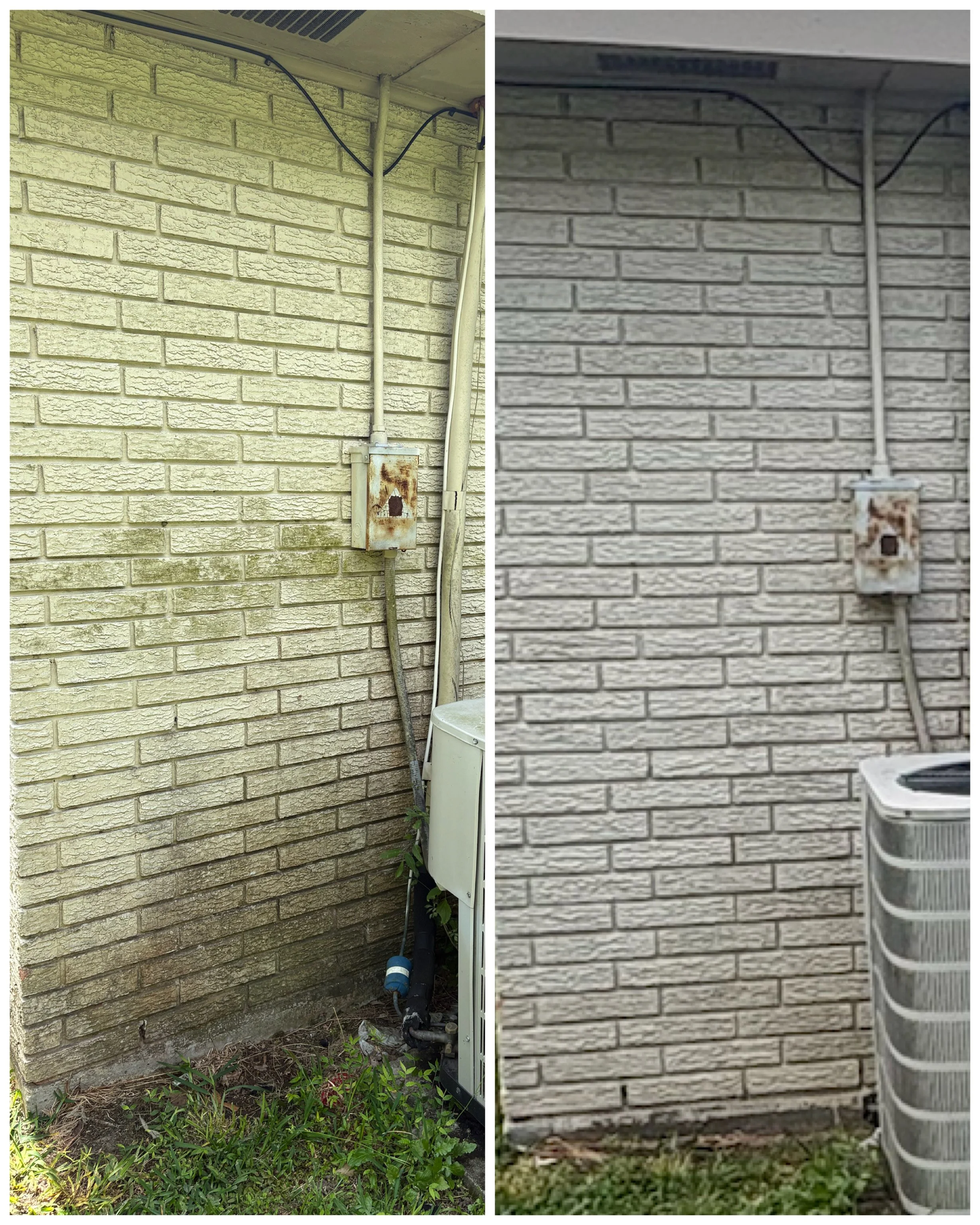 Side by side comparison of a brick wall with electrical components; the left wall is dirty with algae and grime build up, while the right wall is cleaner and brighter with no signs of grime.