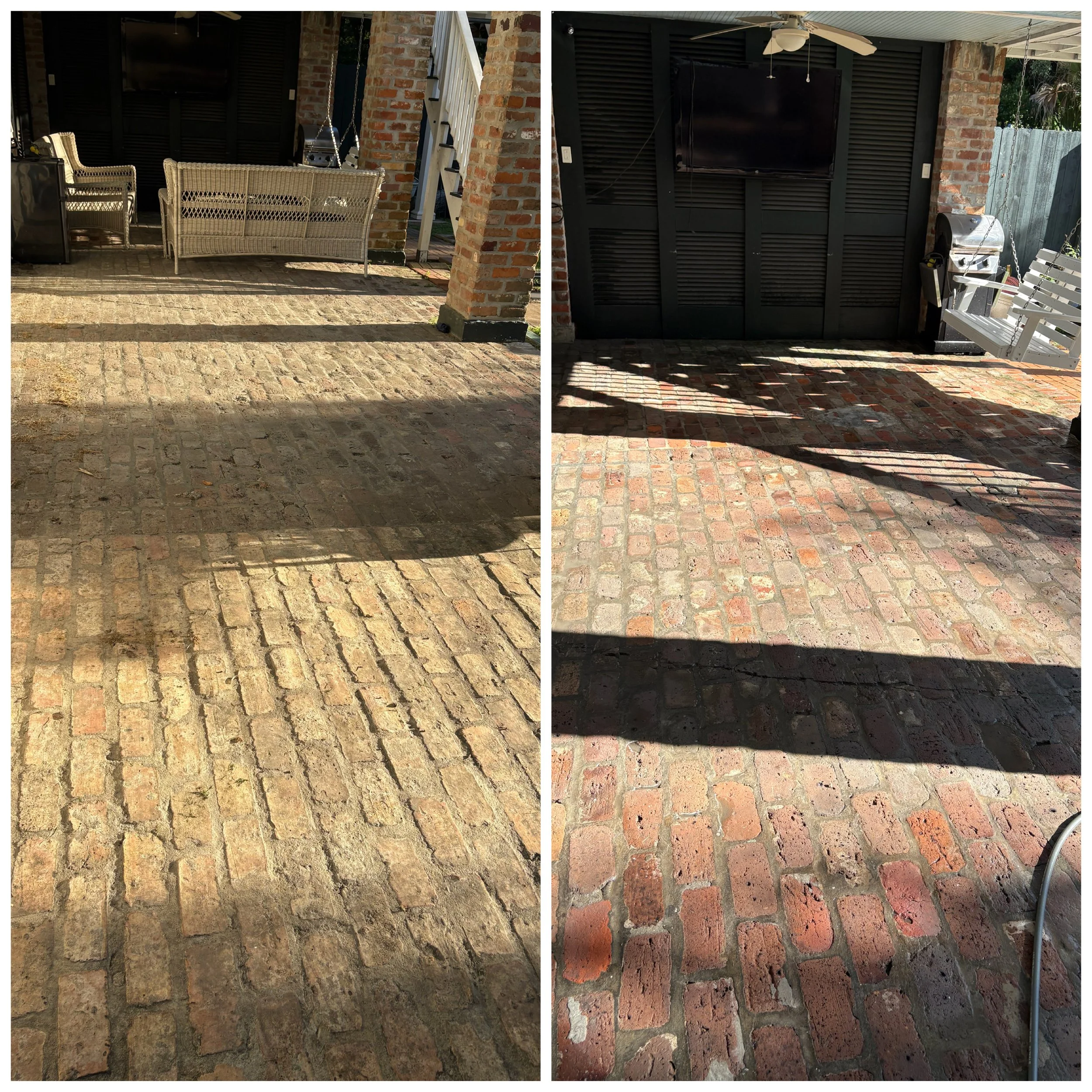 A before and after photo showcasing the cleaning of an old brick patio in Uptown New Orleans, LA, where years of caked on grime were professionally soft washed away.