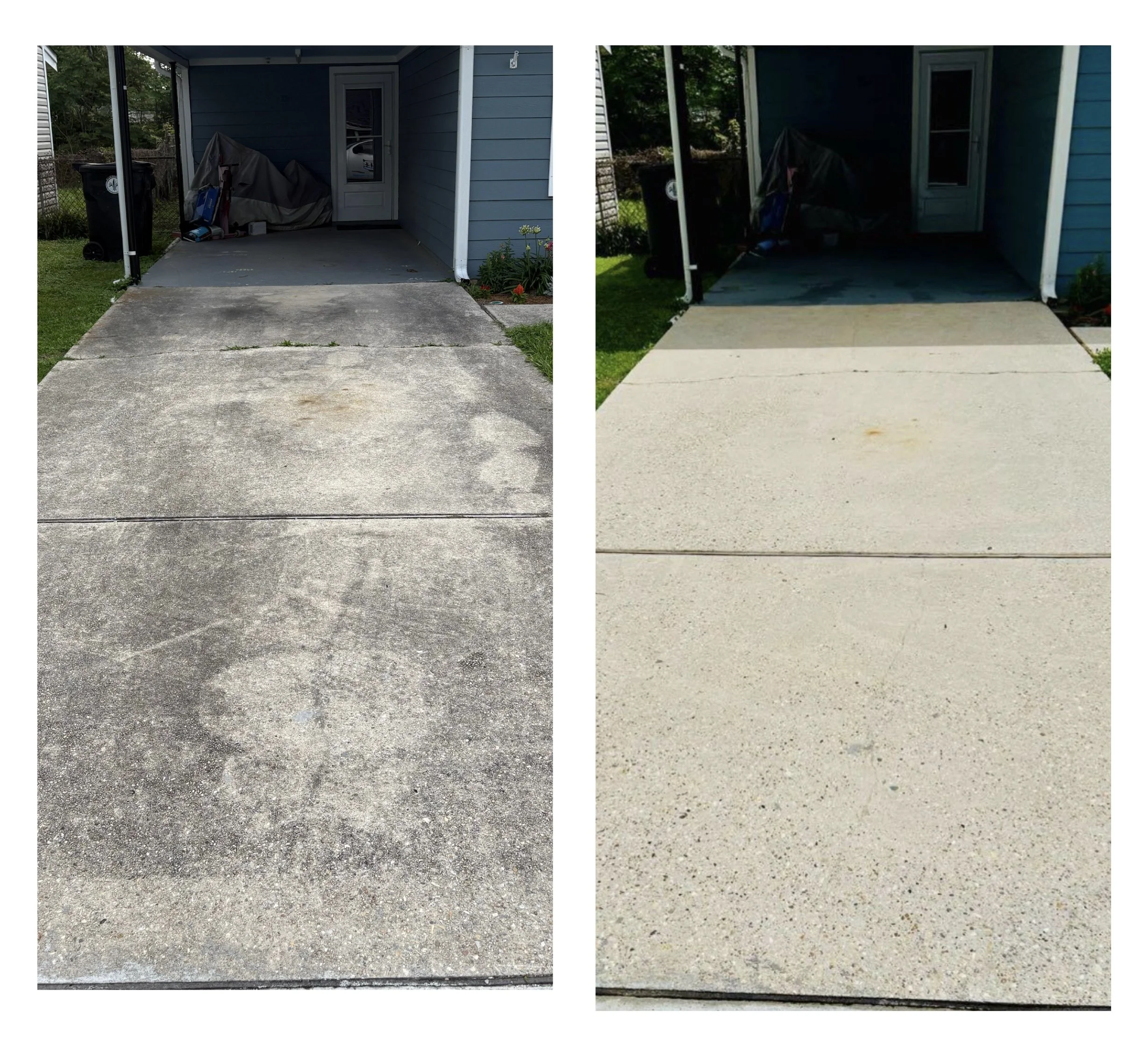 Side by side comparison of a dirty and clean driveway: the left looks old, stained, and weathered; the right looks new, clean, and bright.