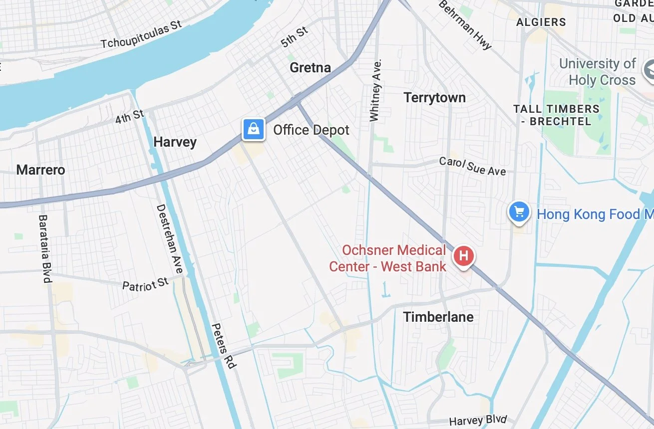 Map of a neighborhood with labels for streets and locations including Gretna, Terry town, Harvey, Marrero, Timberlane, and various landmarks like Office Depot, Ochsner Medical Center, and Hong Kong Food Market.