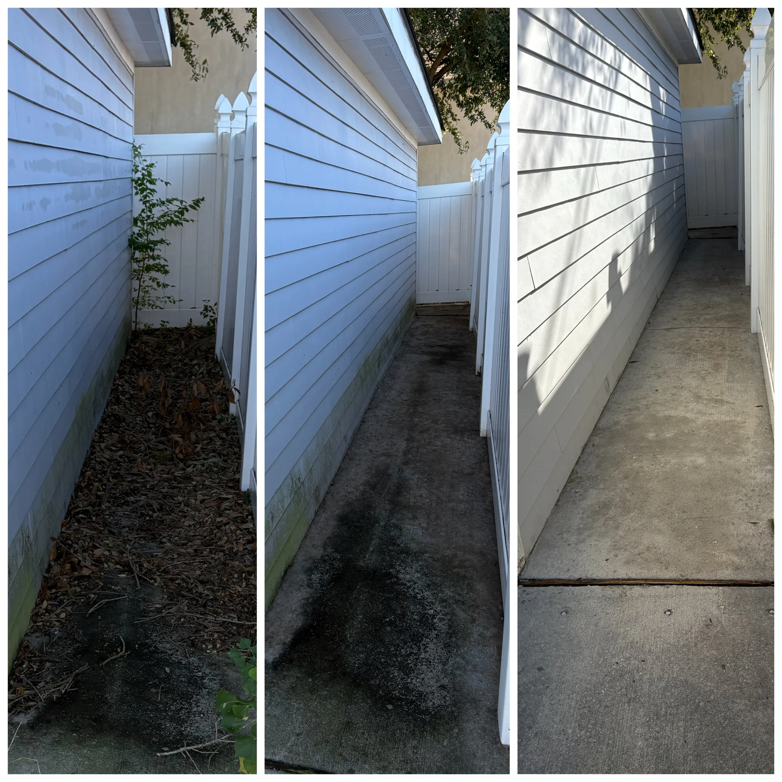Comparison of three side alleyways with white fence and house siding, showing overgrown space, dirty concrete, and clean concrete.
