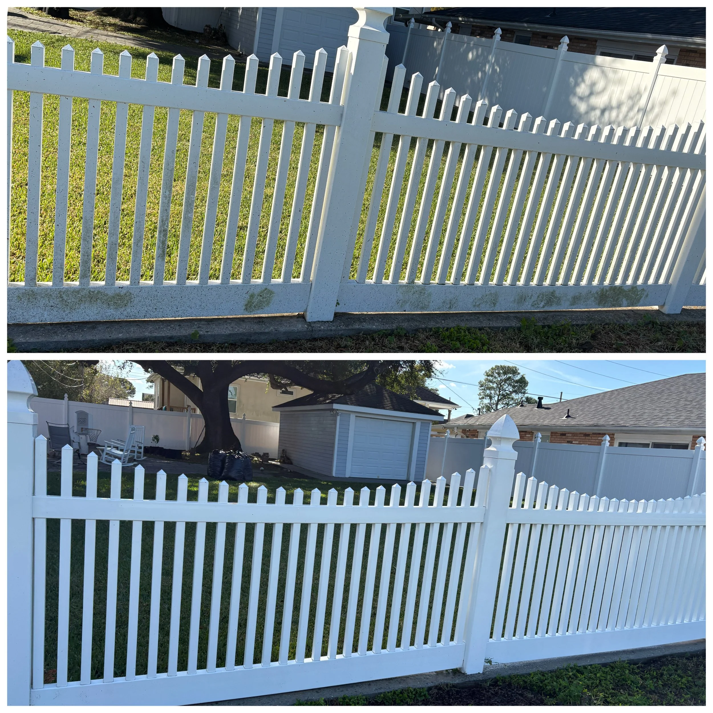 A before and after photo of a white vinyl fence in Chalmette, LA that was professionally soft washed to remove green algae, black mold, and grime.