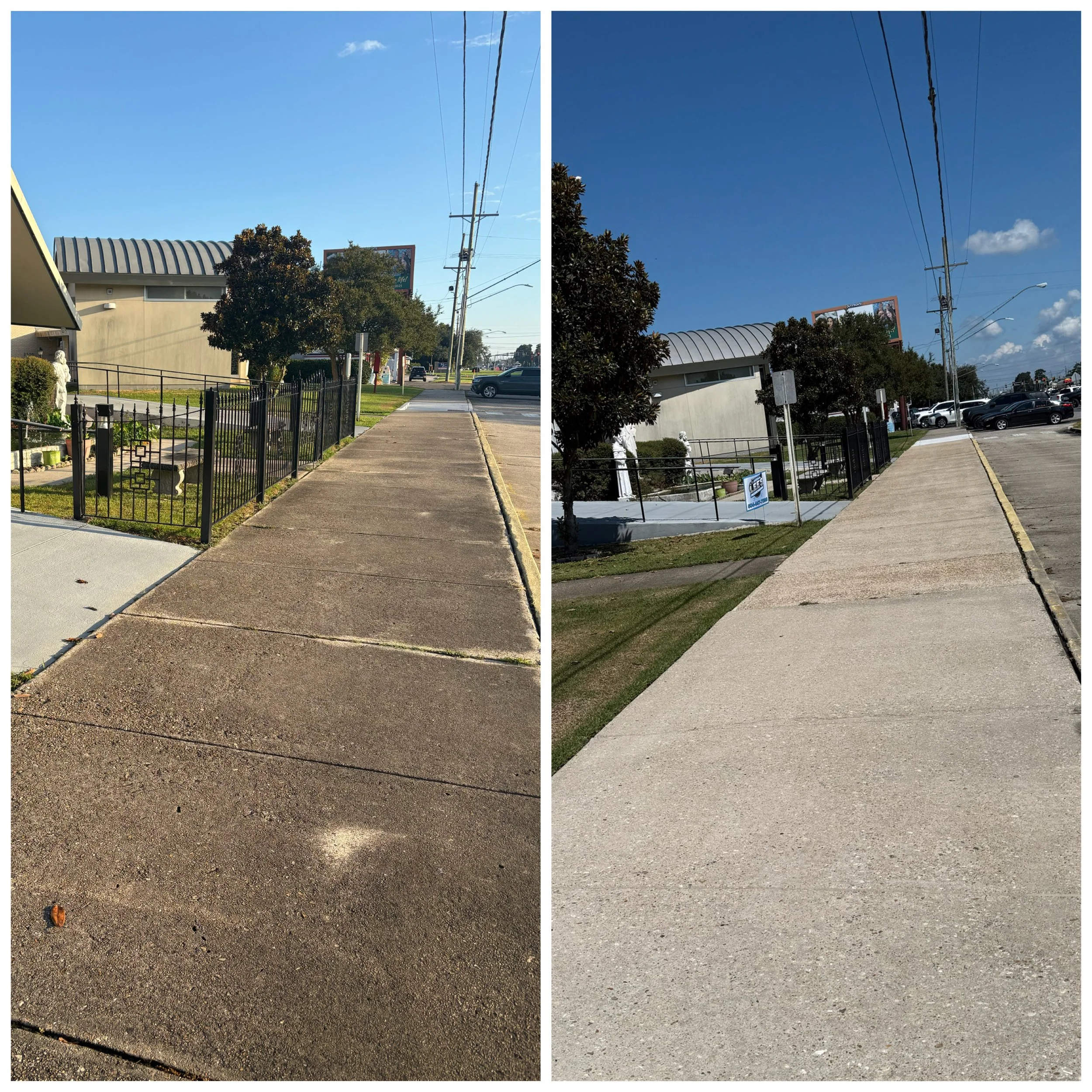 A side-by-side before and after photo of a commercial concrete walkway cleaning service in Chalmette, LA, showcasing the dramatic removal of heavy traffic grime and dark environmental stains to restore storefront curb appeal.