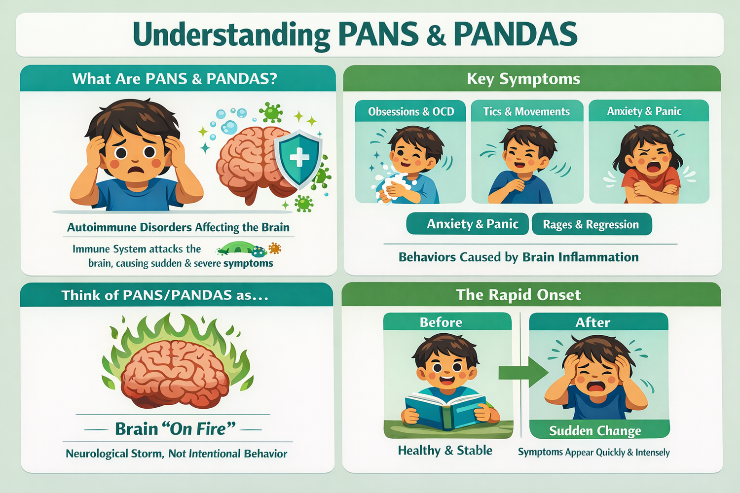Understanding PANS and PANDAS: autoimmune disorders affecting the brain, key symptoms (OCD, tics, anxiety, panic, rage, regression), brain 'on fire' as a neurological storm, and the rapid onset from healthy and stable to sudden change.
