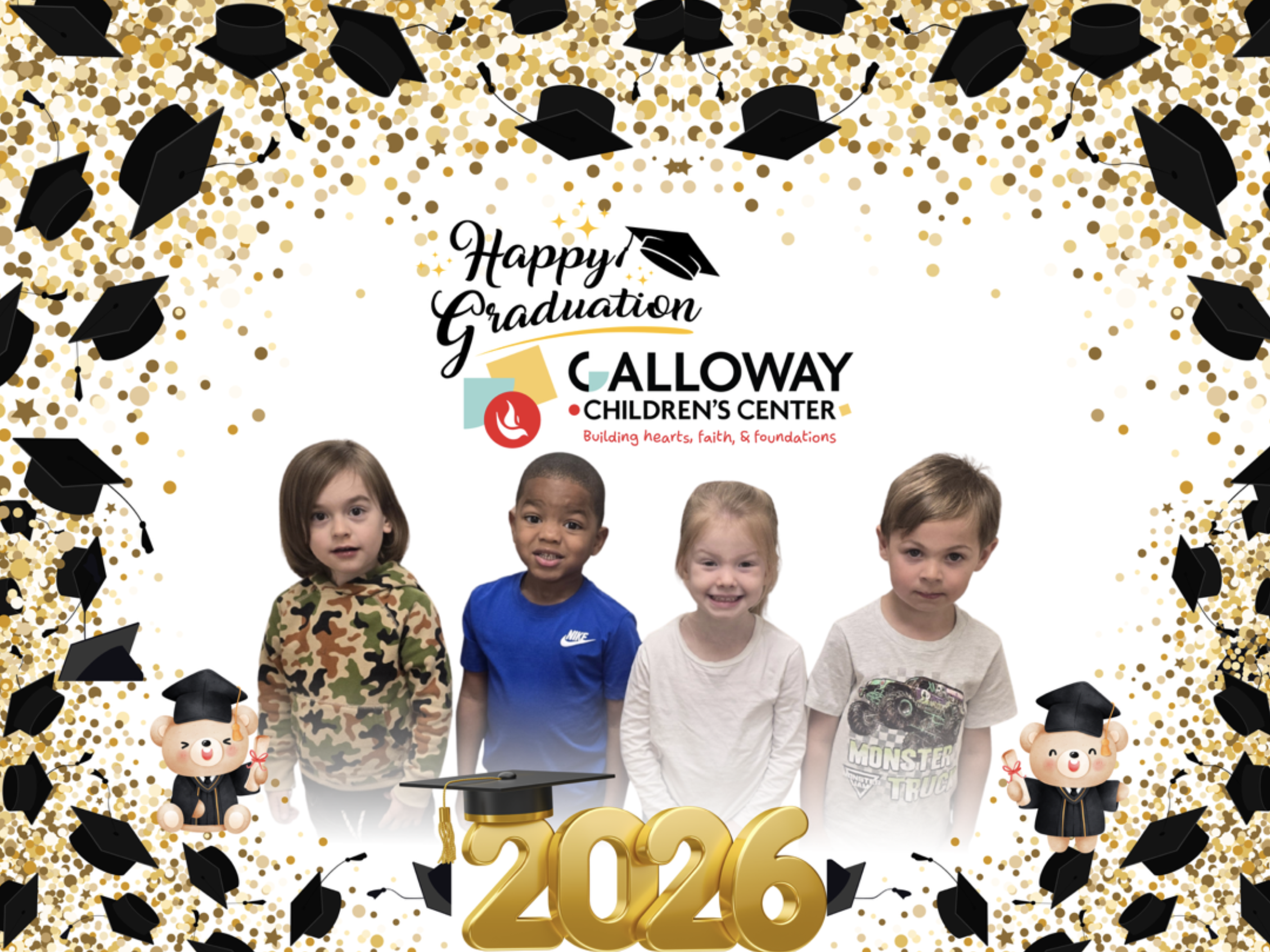 Group of children at a graduation celebration for Galloway Children's Center with black graduation caps, gold confetti, and figurines wearing graduation attire, and a black graduation cap and diploma decoration in the foreground.