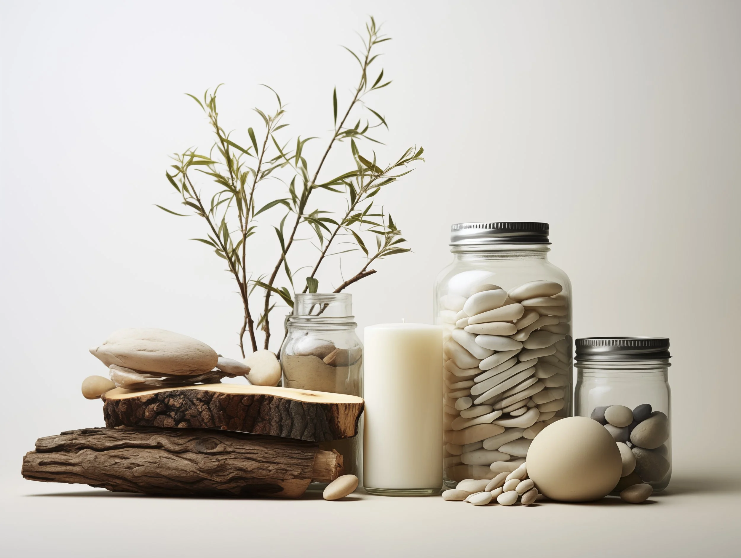 Collection of decorative natural items including dried logs, stones in jars, white candles, and a plant stem with green leaves on a neutral background.