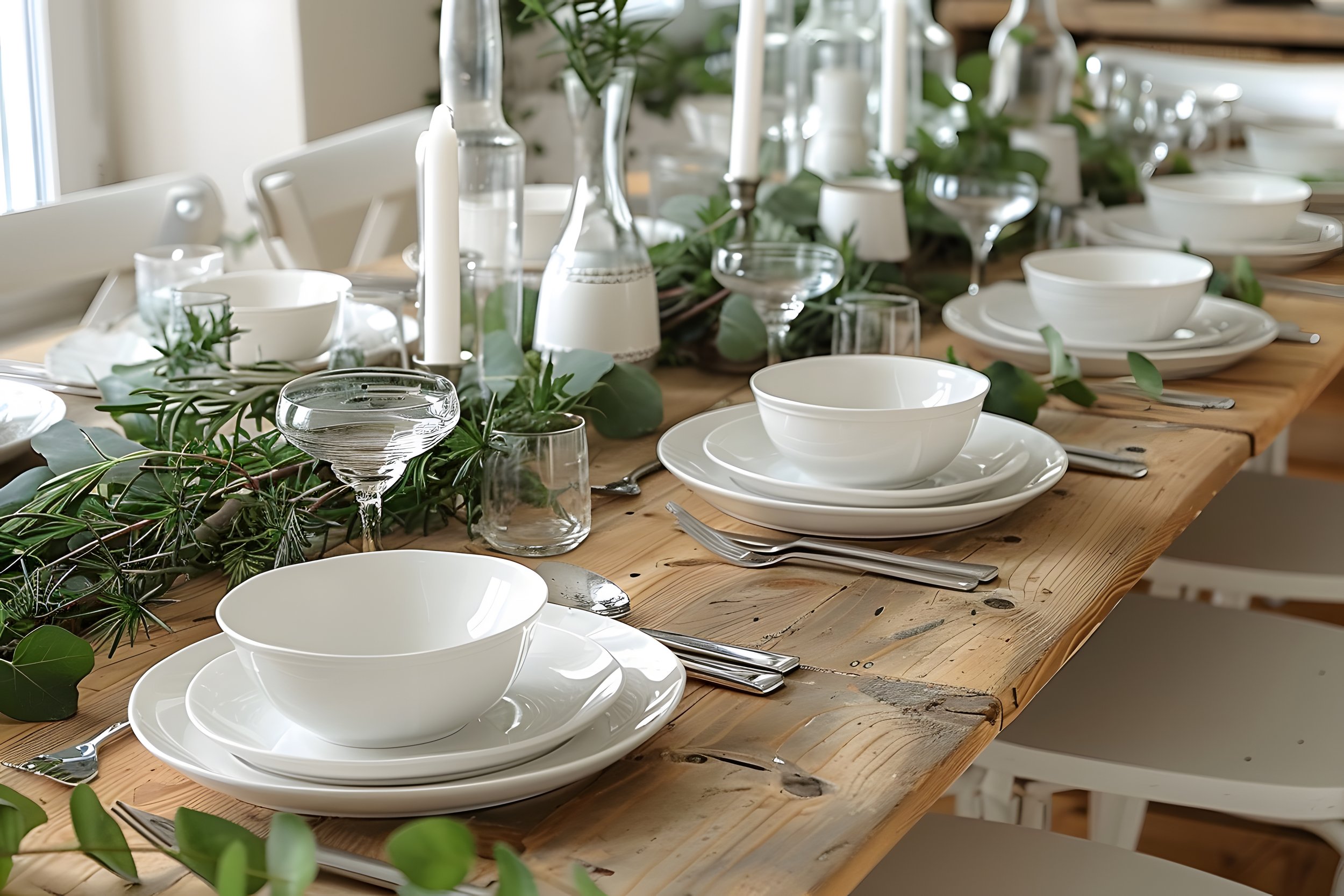 A rustic wooden dining table set with white dinnerware, silverware, glassware, and greenery.