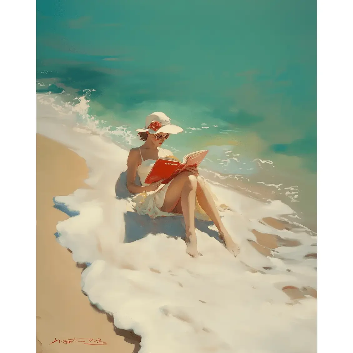 Oblivious Reader At the Beach 8x10 Art Print 1.webp