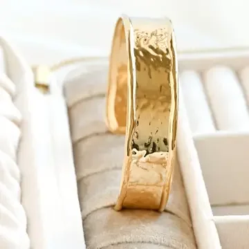 18k Gold Wide Hammered Cuff Bracelet - Stainless Steel 2.webp