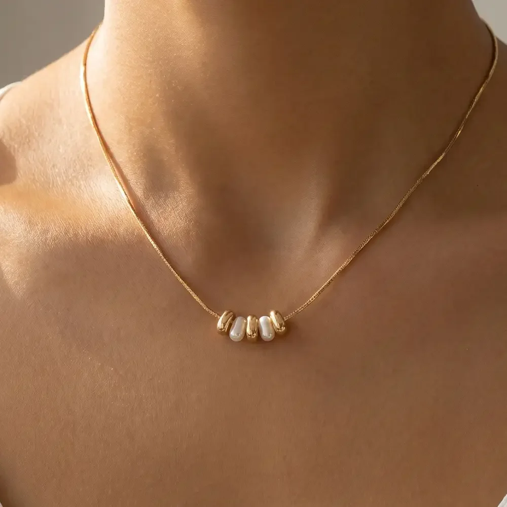 Dainty Chain Metallic Bead and Pearl Charms Necklace