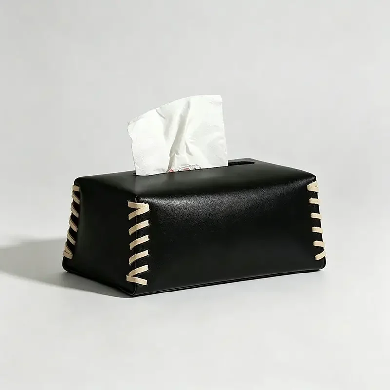 Black Leather Stitch Tissue Box Cover.webp