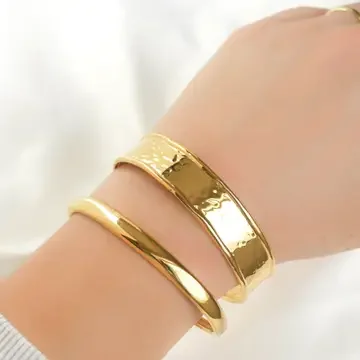 18k Gold Wide Hammered Cuff Bracelet - Stainless Steel 3.webp