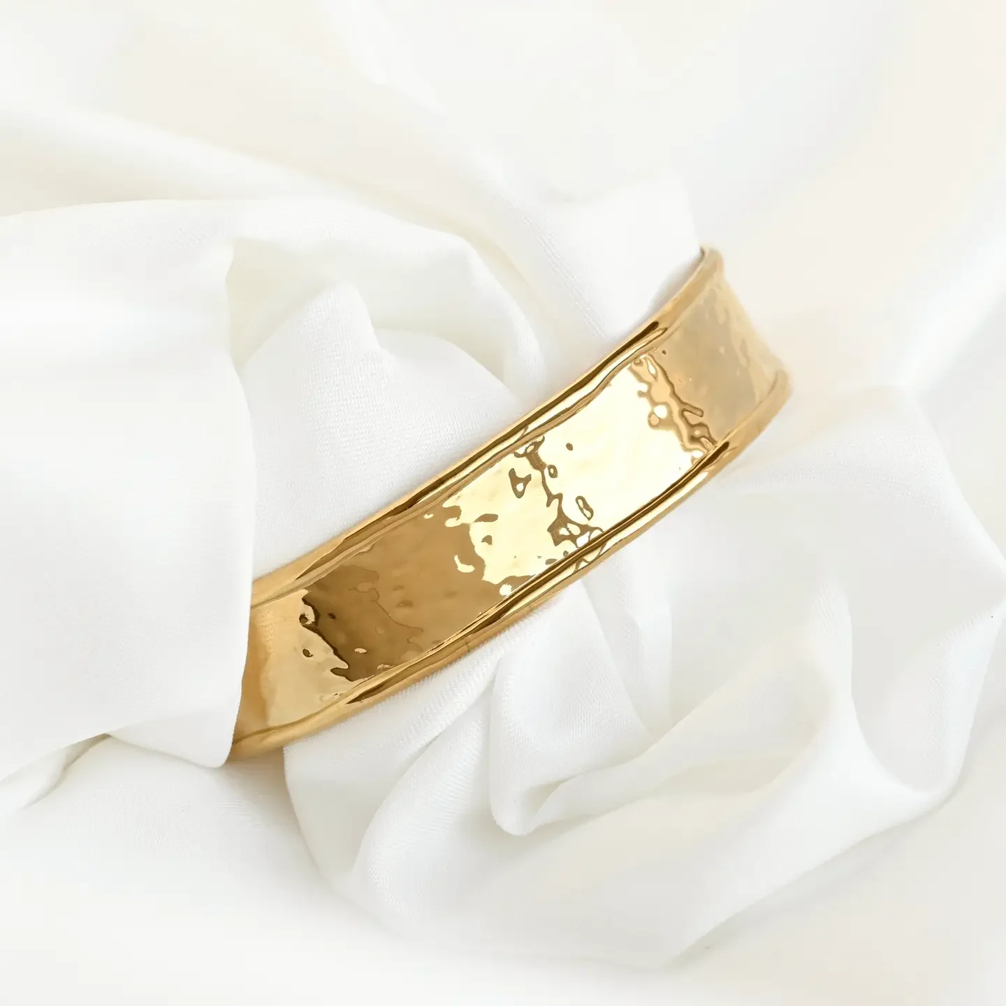18k Gold Wide Hammered Cuff Bracelet - Stainless Steel 1.webp