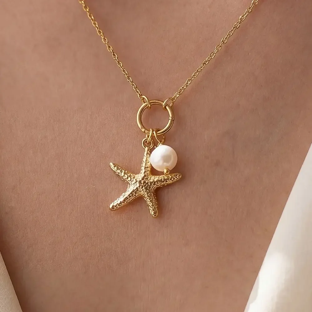 Gold Dipped Textured Starfish and Pearl Pendant Necklace