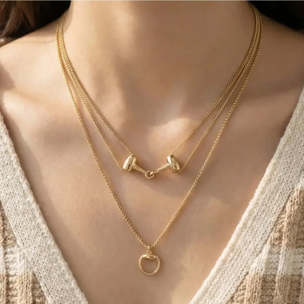 Layered Chain Interlock Bar Pendant Necklace