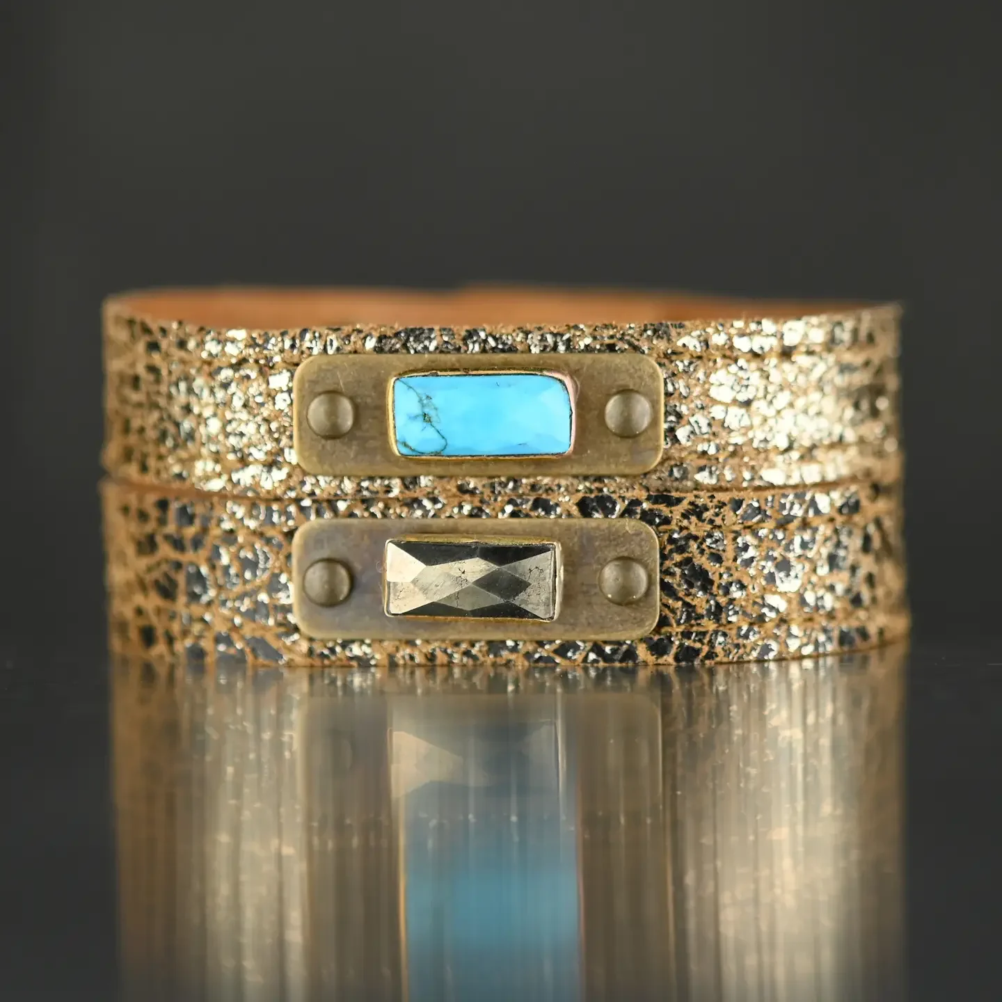 Leather Stacker Cuff w/ Semi Precious (Gold Sparkle)