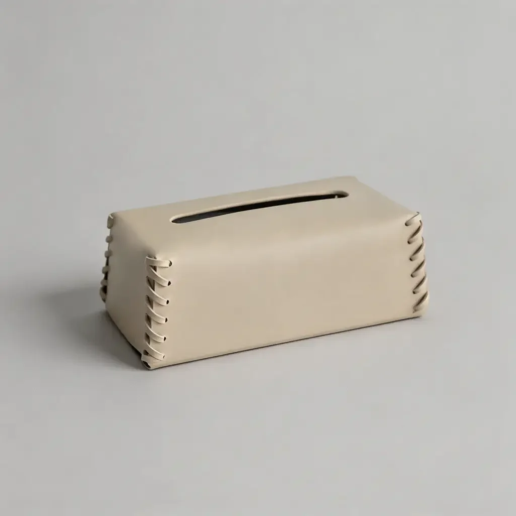 Beige Leather Stitch Tissue Box Cover.webp