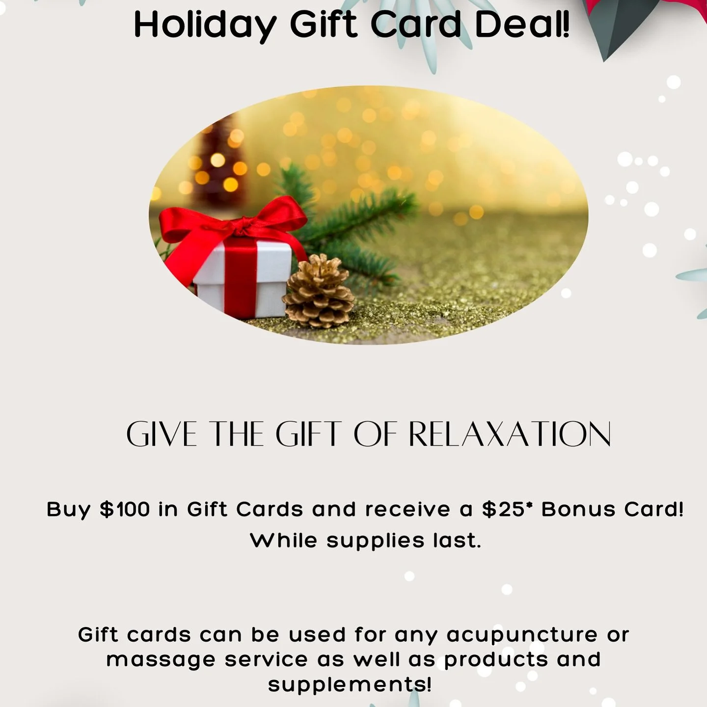 Our holiday gift card deal is live! Call us at 856-457-5217 or DM if you have any questions!

#vinelandnj #southjersey #massagetherapy #acupuncture #holistichealth