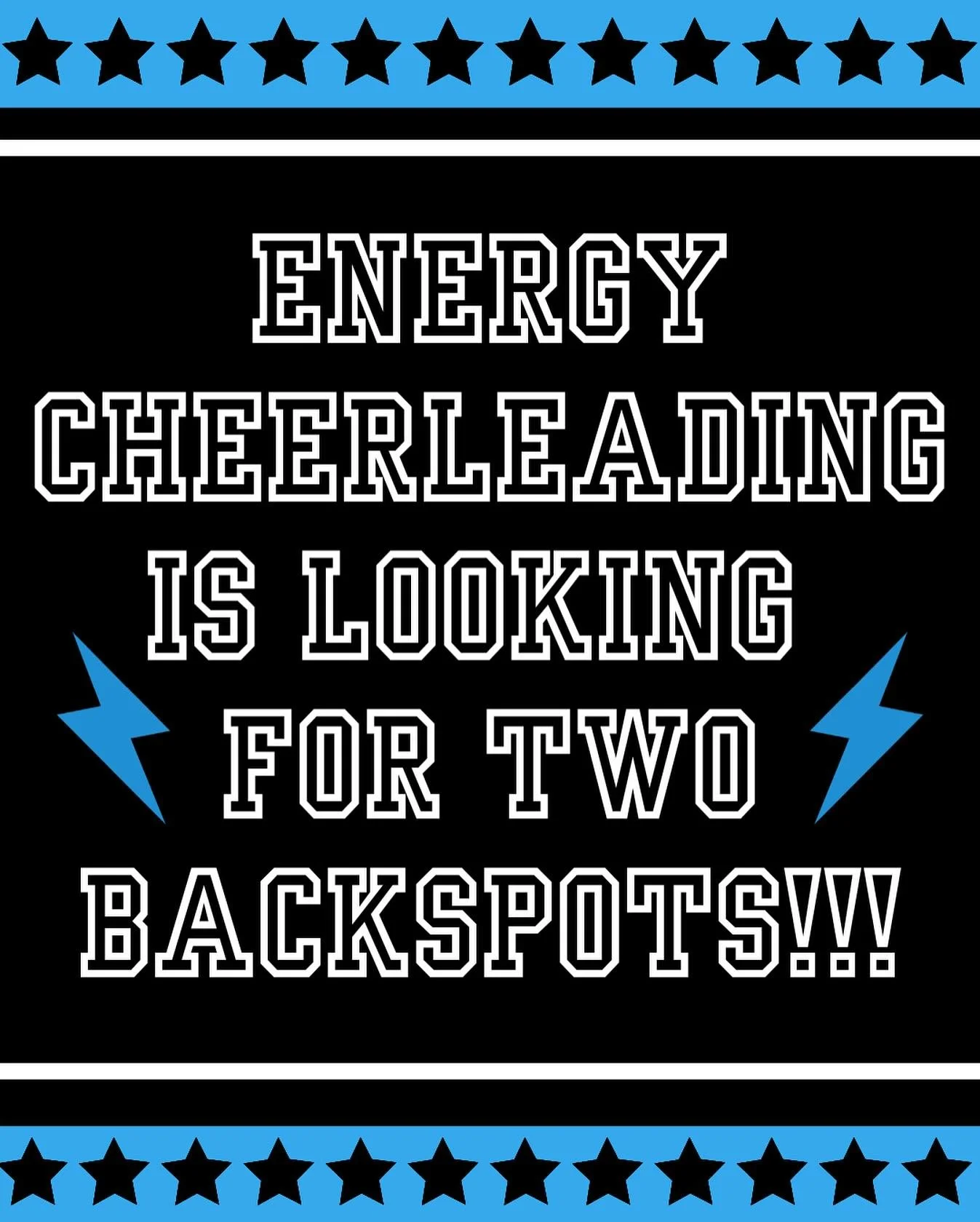 🚨 CALLING ALL BACKSPOTS! 🚨  Energy Cheerleading is looking for TWO strong backspots to join our program for the 2025&ndash;2026 season! 💪💙⚡️

Athletes must be age eligible for Minis (birth year 2016-2019) or Junior Flex (birth year 2009-2019).  
