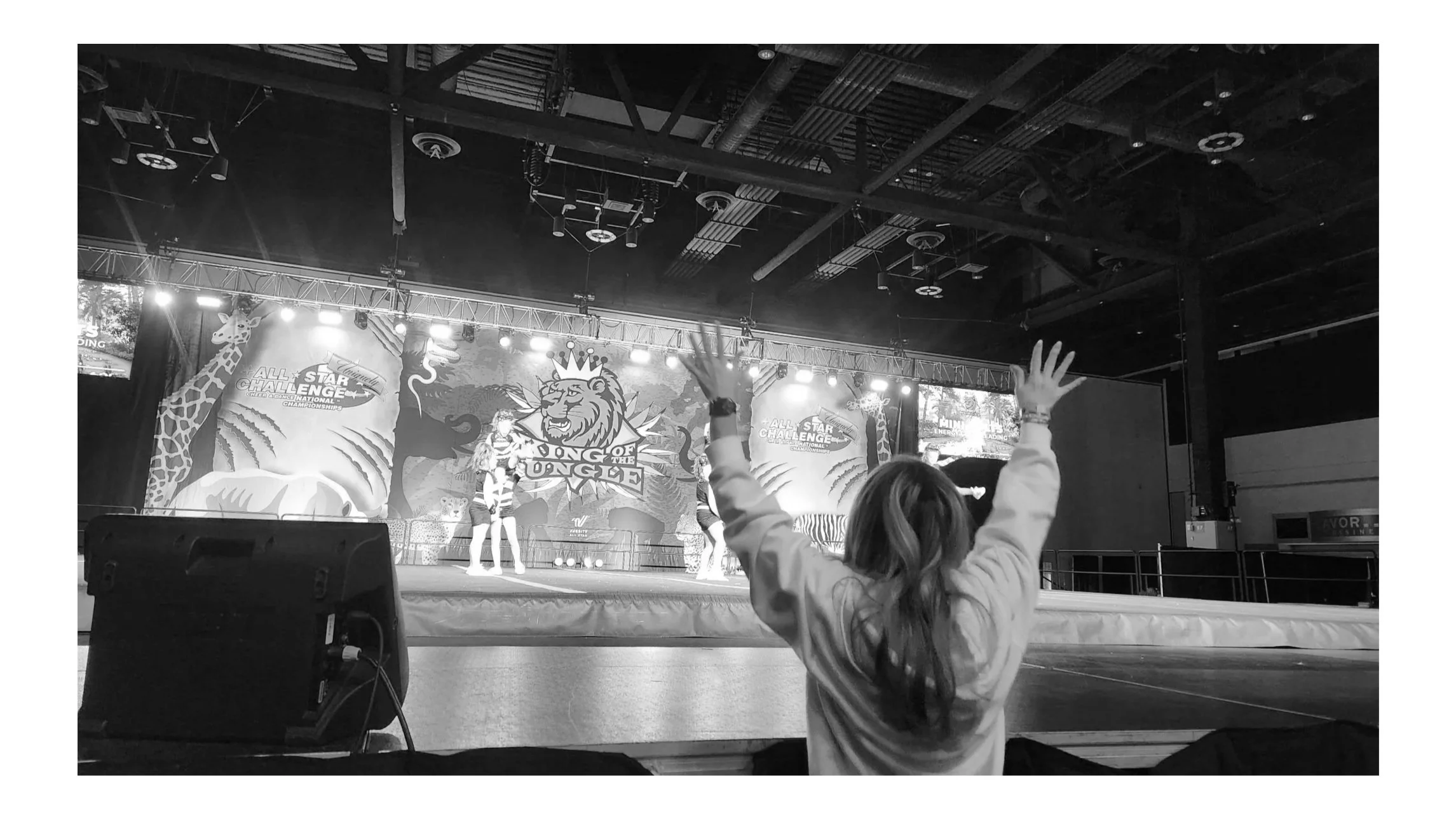 A young girl with long hair facing a stage with a lion and giraffe backdrop, raising her hands during a performance at a circus or entertainment venue.