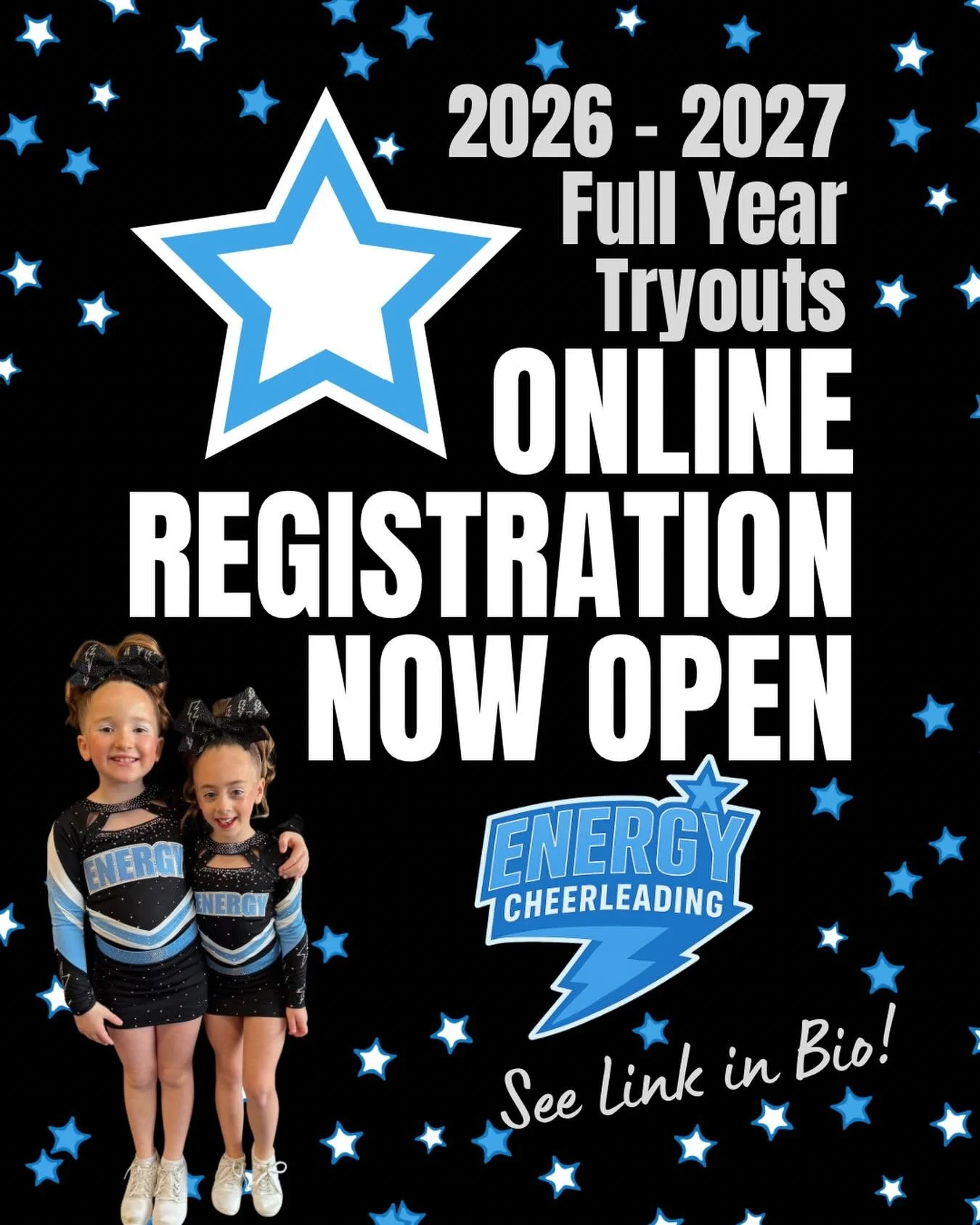TRYOUT REGISTRATION IS NOW OPEN 🚨Click the link in our bio for more information and to register online ⚡️🩵 We can&rsquo;t wait to see everyone there!!