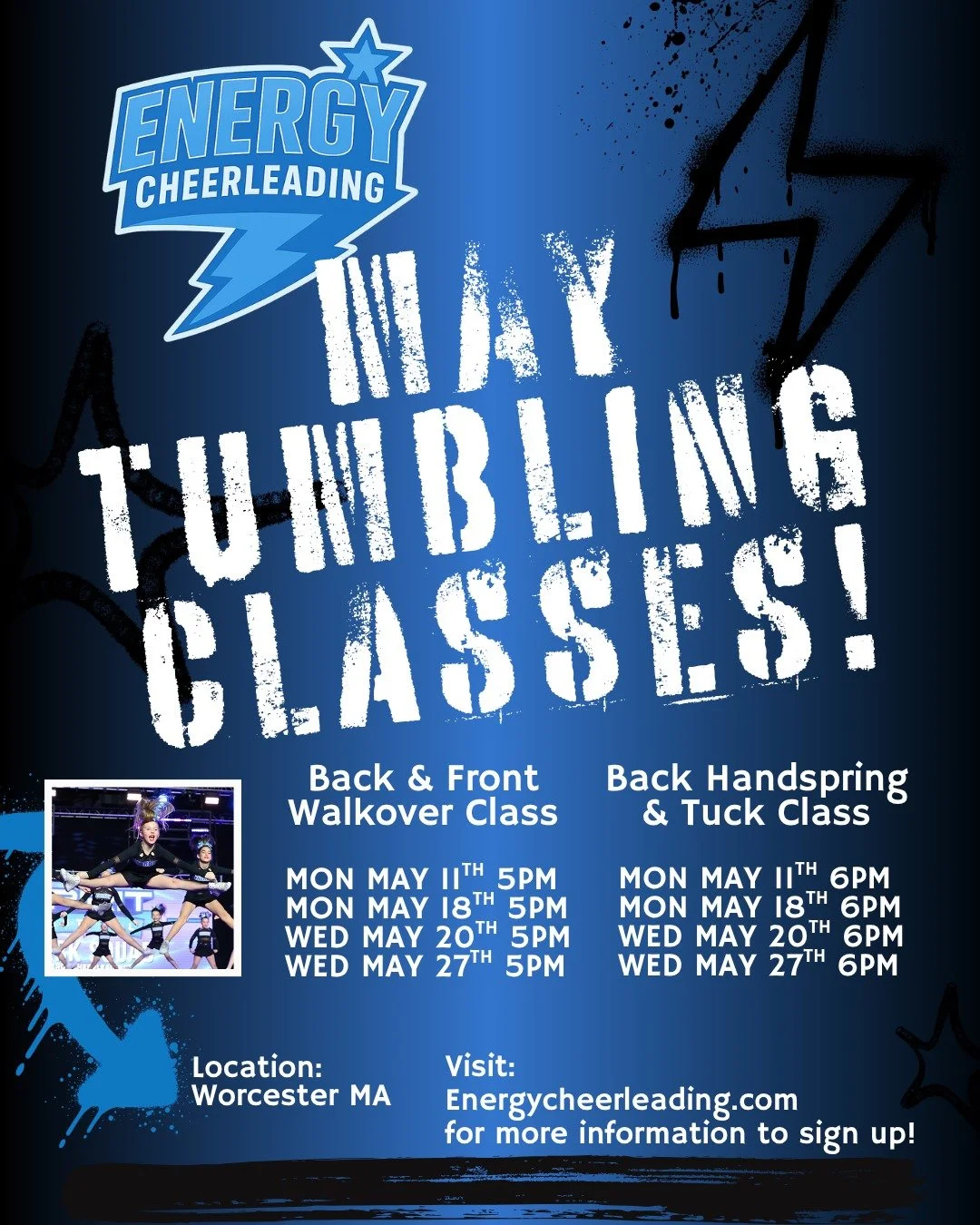 MAY TUMBLING CLASS SCHEDULE❗

Prepping for tryouts or just looking to work on skills during the off season? May tumbling classes are the perfect way to improve current skills and gain new ones. 

Visit the website for more information on how to signu