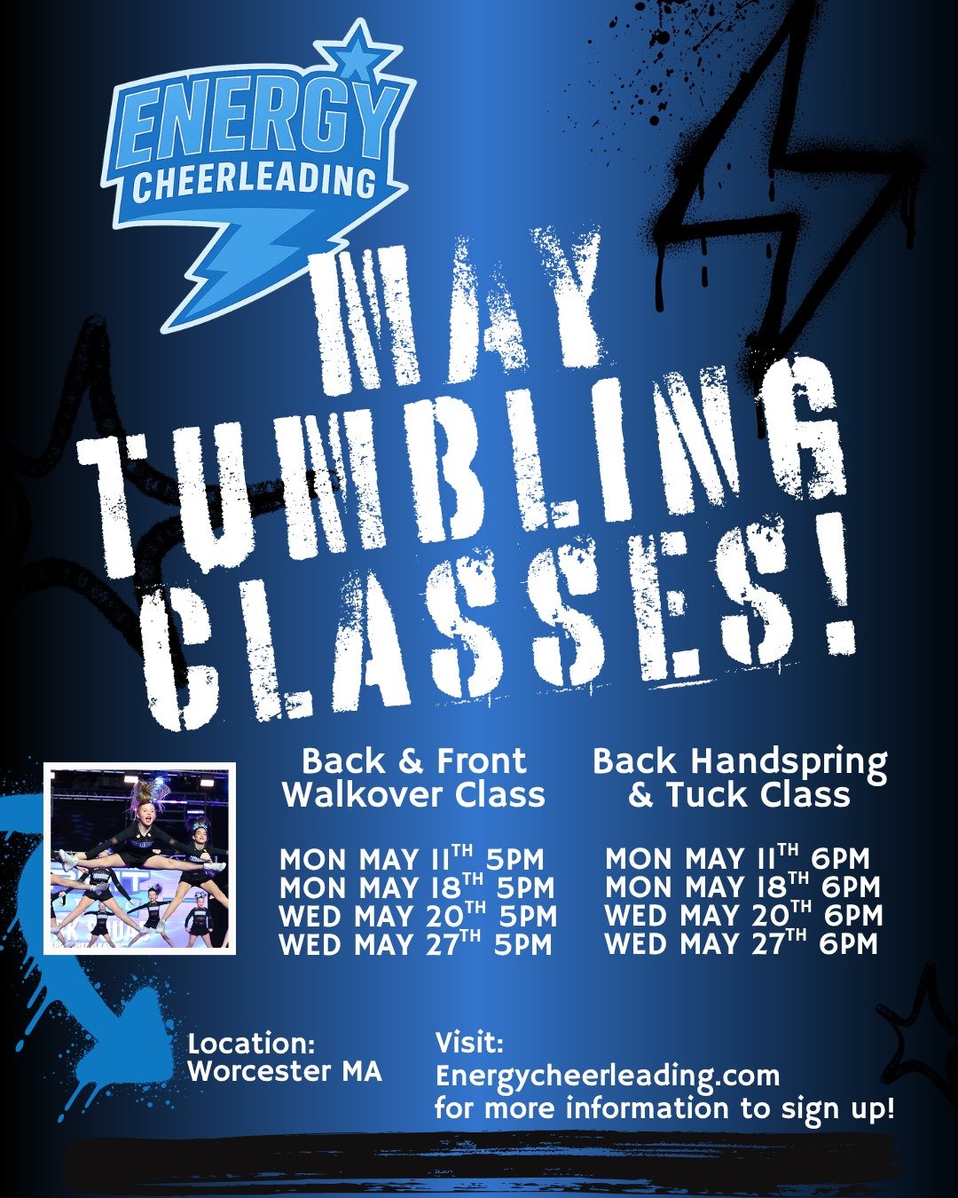 MAY TUMBLING CLASS SCHEDULE❗

Prepping for tryouts or just looking to work on skills during the off season? May tumbling classes are the perfect way to improve current skills and gain new ones. 

Visit the website for more information on how to signu
